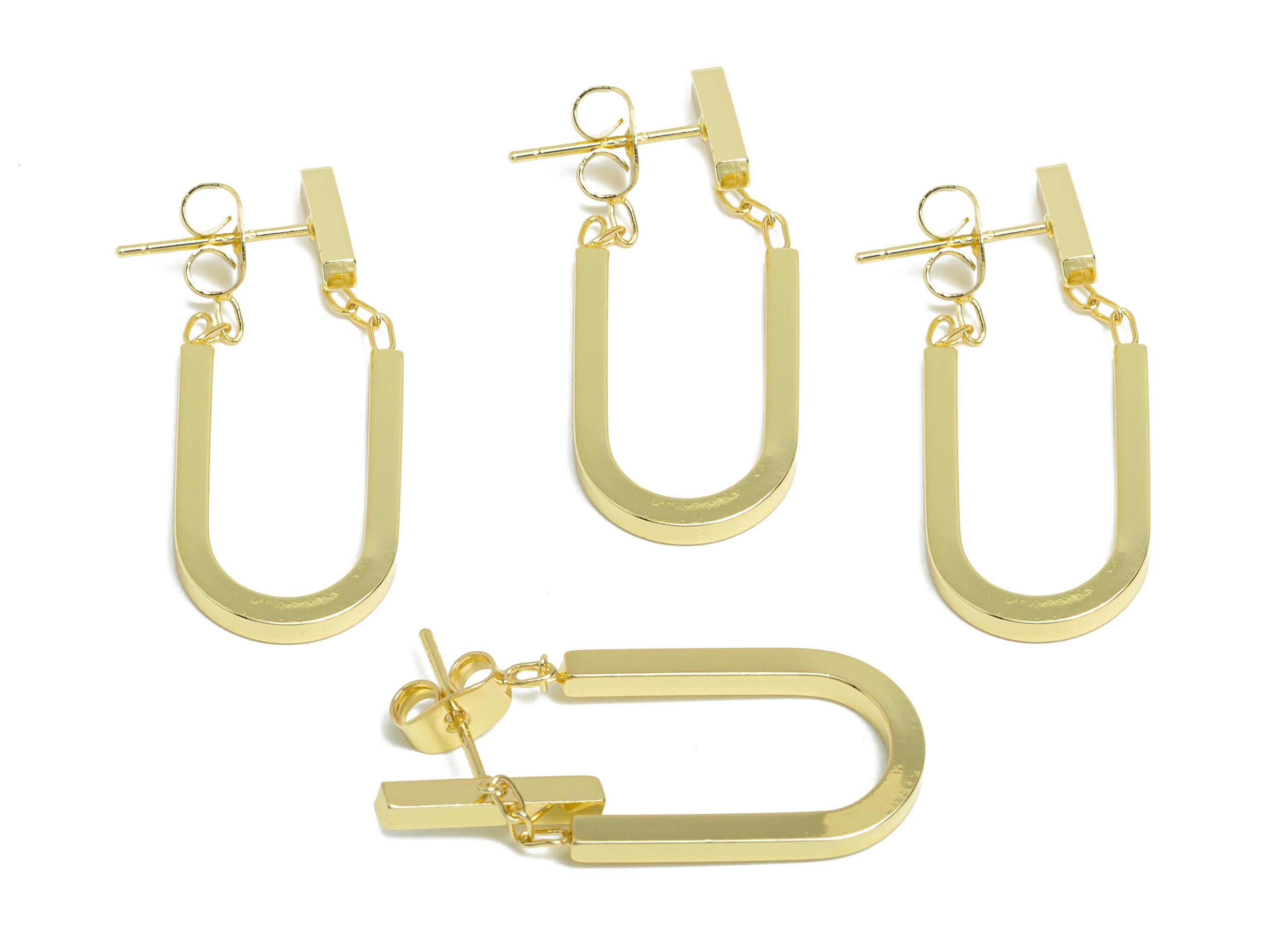 Brass Dangle U-Shaped Earrings - Elegant Gold Earring Stud - Geometric U-Shaped Ear Jacket - 14K Real Gold-Plated - 30x13x2mm - RGP9510-14 - DOMEDBAZAAR