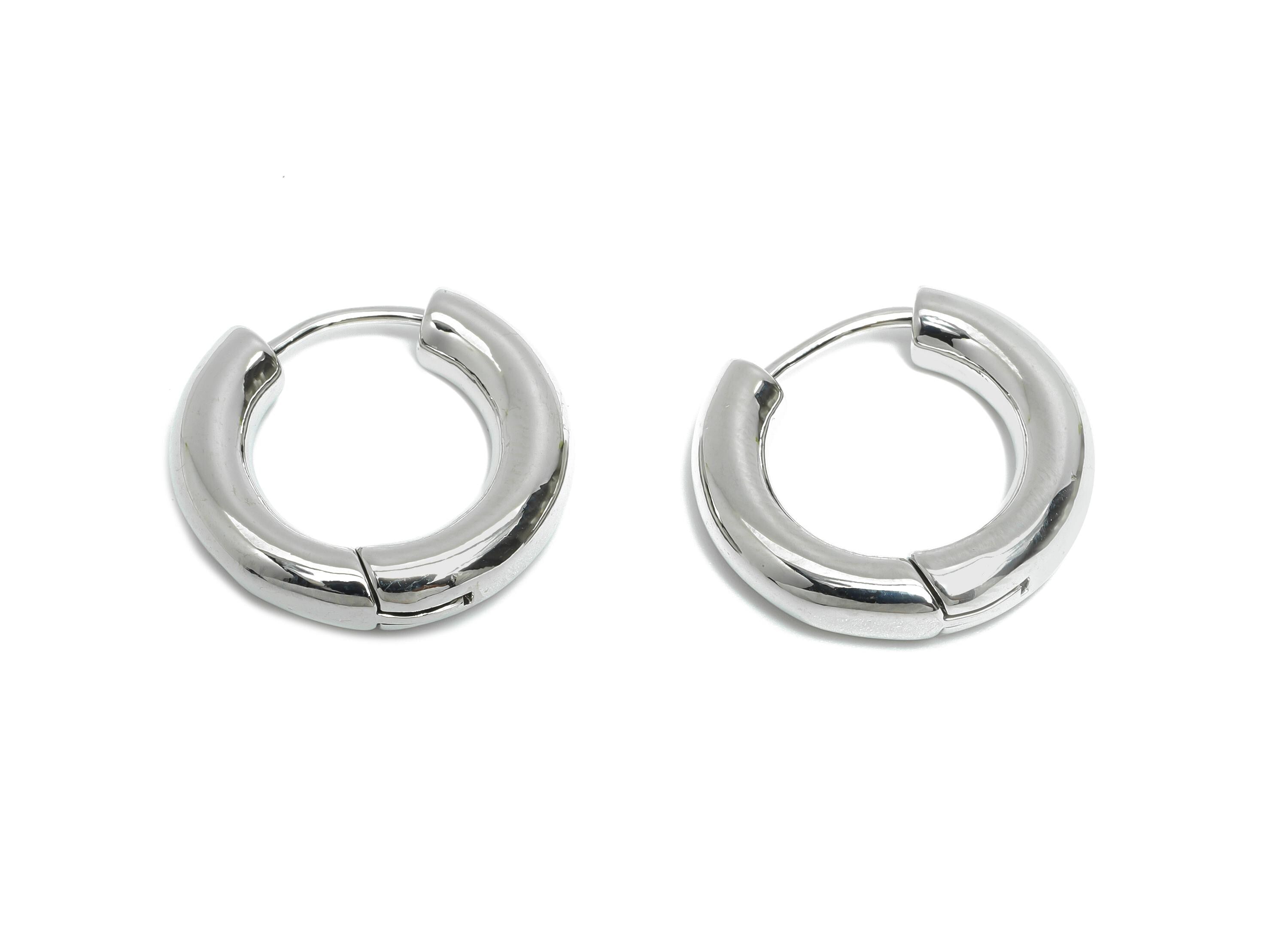 21mm Brass Hoop Earring - Silver Thick Round Hoop Earrings - Huggie Hoop Earring - 18K Real White Gold Plated - 21.34x19.9x4.39mm - RGP9561S - DOMEDBAZAAR