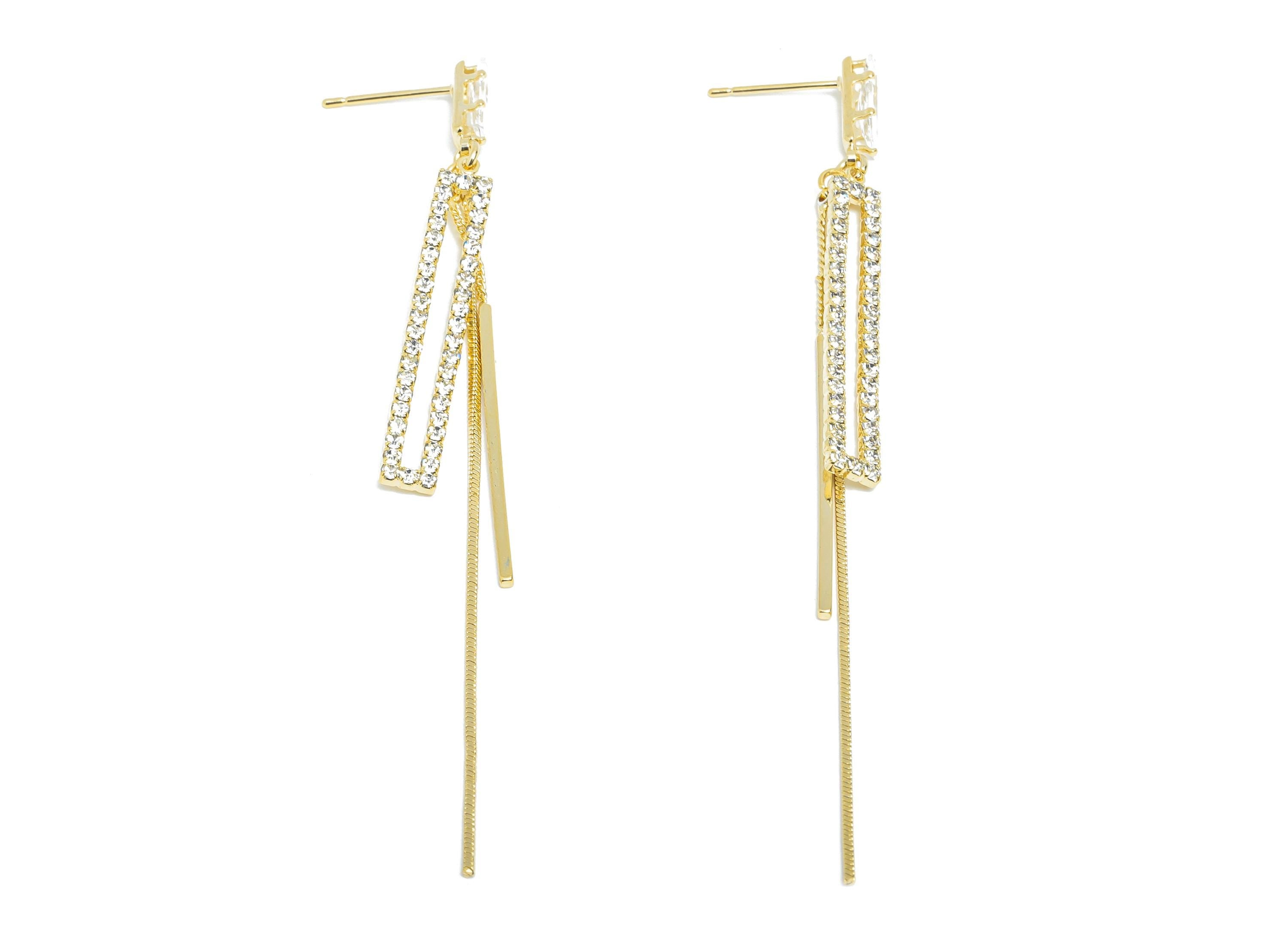 Brass Dangle Tassel Stud - Gold Rectangle Bar Earring Post - Snake Chian Zircon Earring Post - 18K Real Gold Plated - 85x5.15x0.79mm-RGP9598 - DOMEDBAZAAR