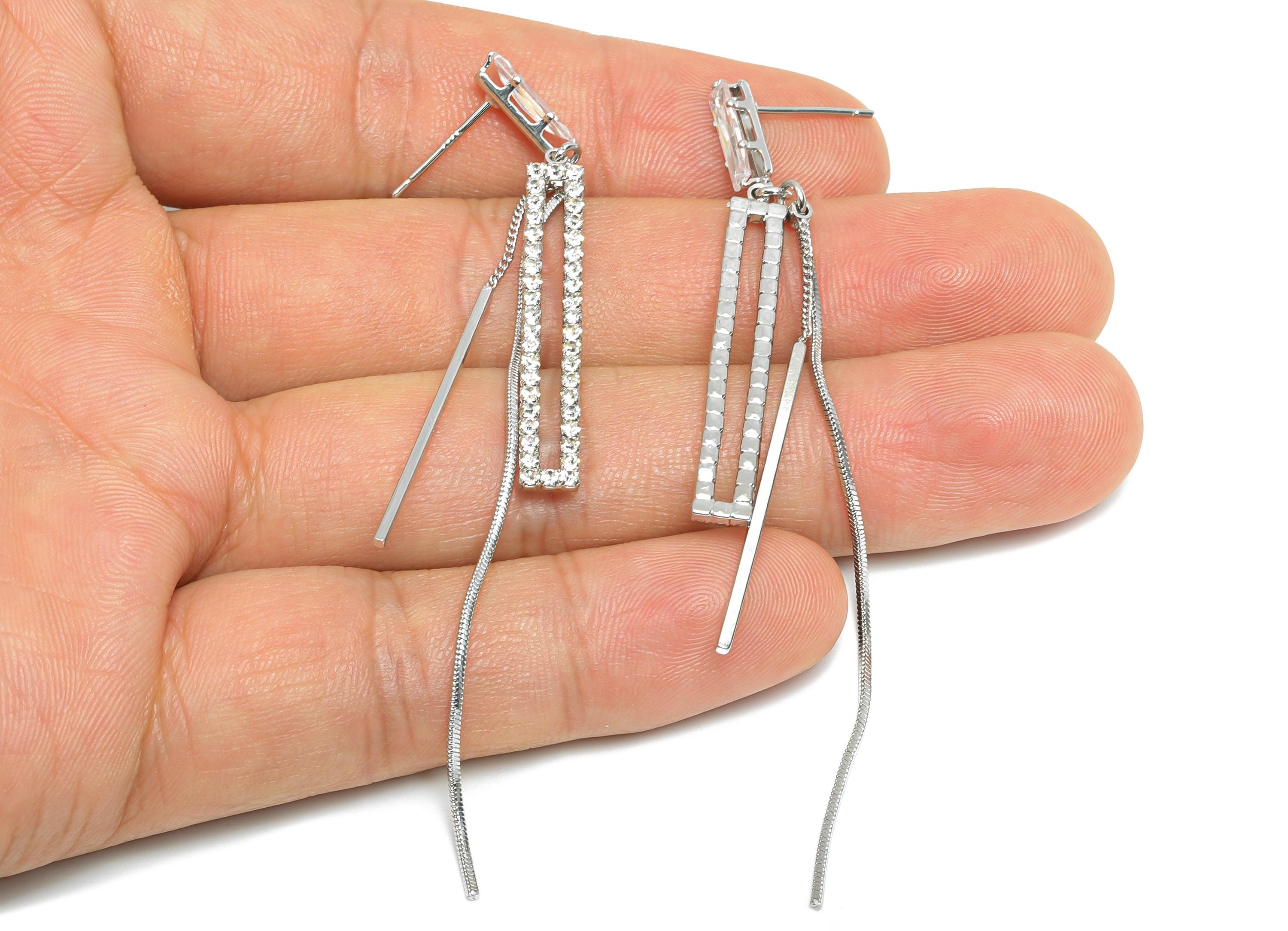 Brass Dangle Tassel Earring - Silver Rectangle Bar Earring Post - Snake Chian Zircon Stud - 18K White Gold Plated - 85x5.15x0.79mm -RGP9599 - DOMEDBAZAAR
