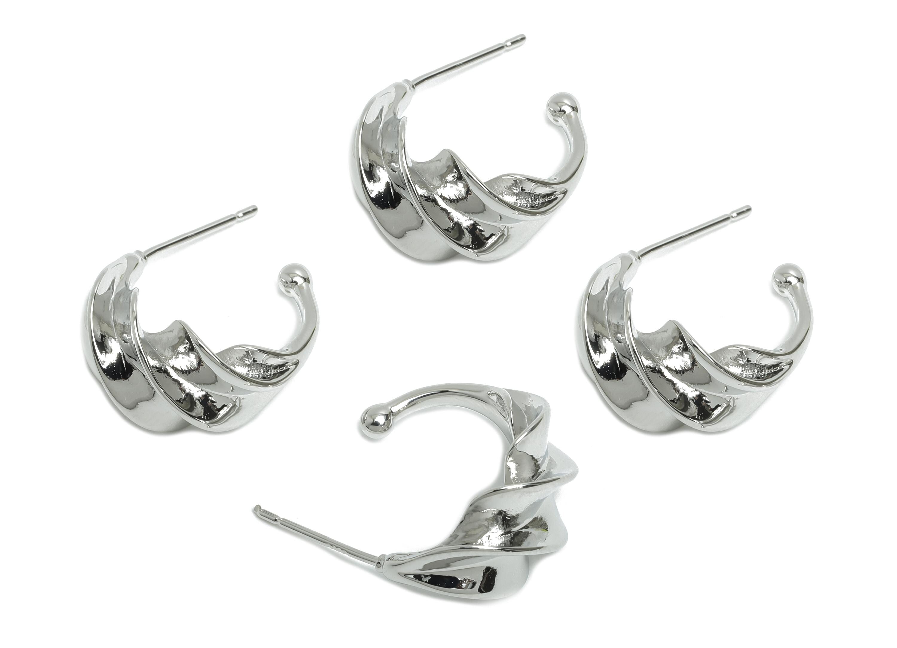 Brass C Earring Stud - Open Hoop Earring - White Twisted Ear Post - Twist Ball Earring - 18k Real White Gold - 18x16x10mm- RGP9439S - DOMEDBAZAAR