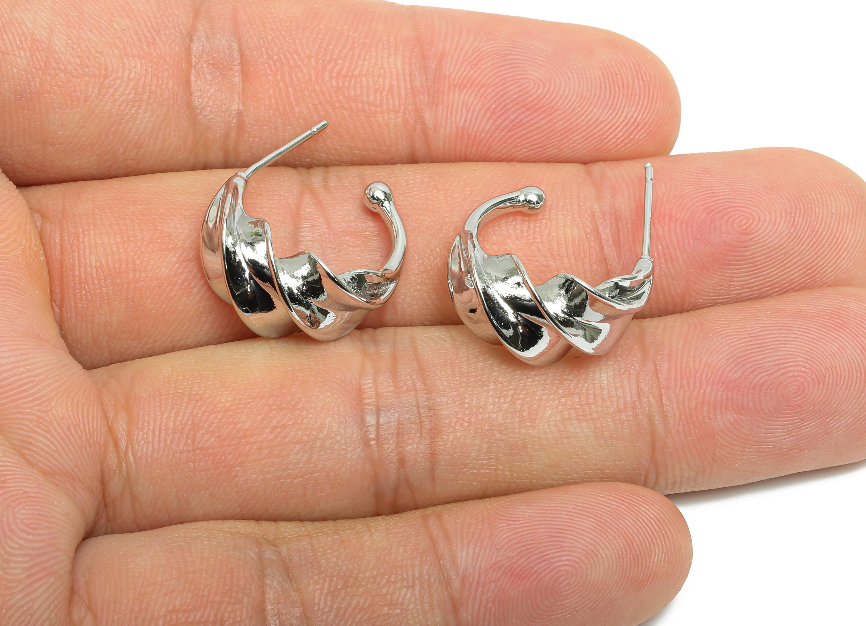 Brass C Earring Stud - Open Hoop Earring - White Twisted Ear Post - Twist Ball Earring - 18k Real White Gold - 18x16x10mm- RGP9439S - DOMEDBAZAAR