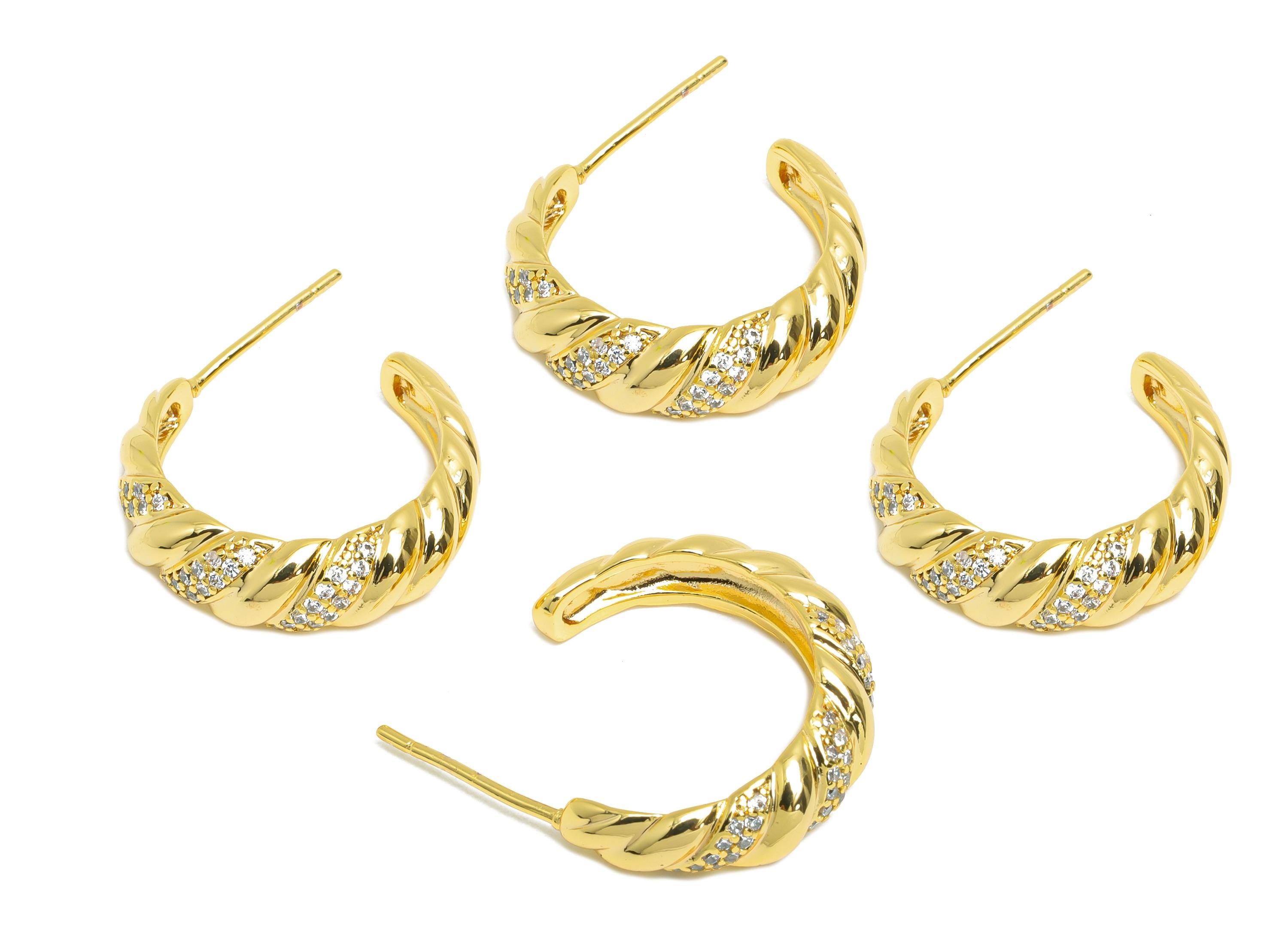 Brass C Earring Stud - Open Hoop Earring - Zircon Hoop Earring Stud - Twisted Gold Earring - 18K Real Gold Plated Brass- 21x18x6mm - RGP9437 - DOMEDBAZAAR