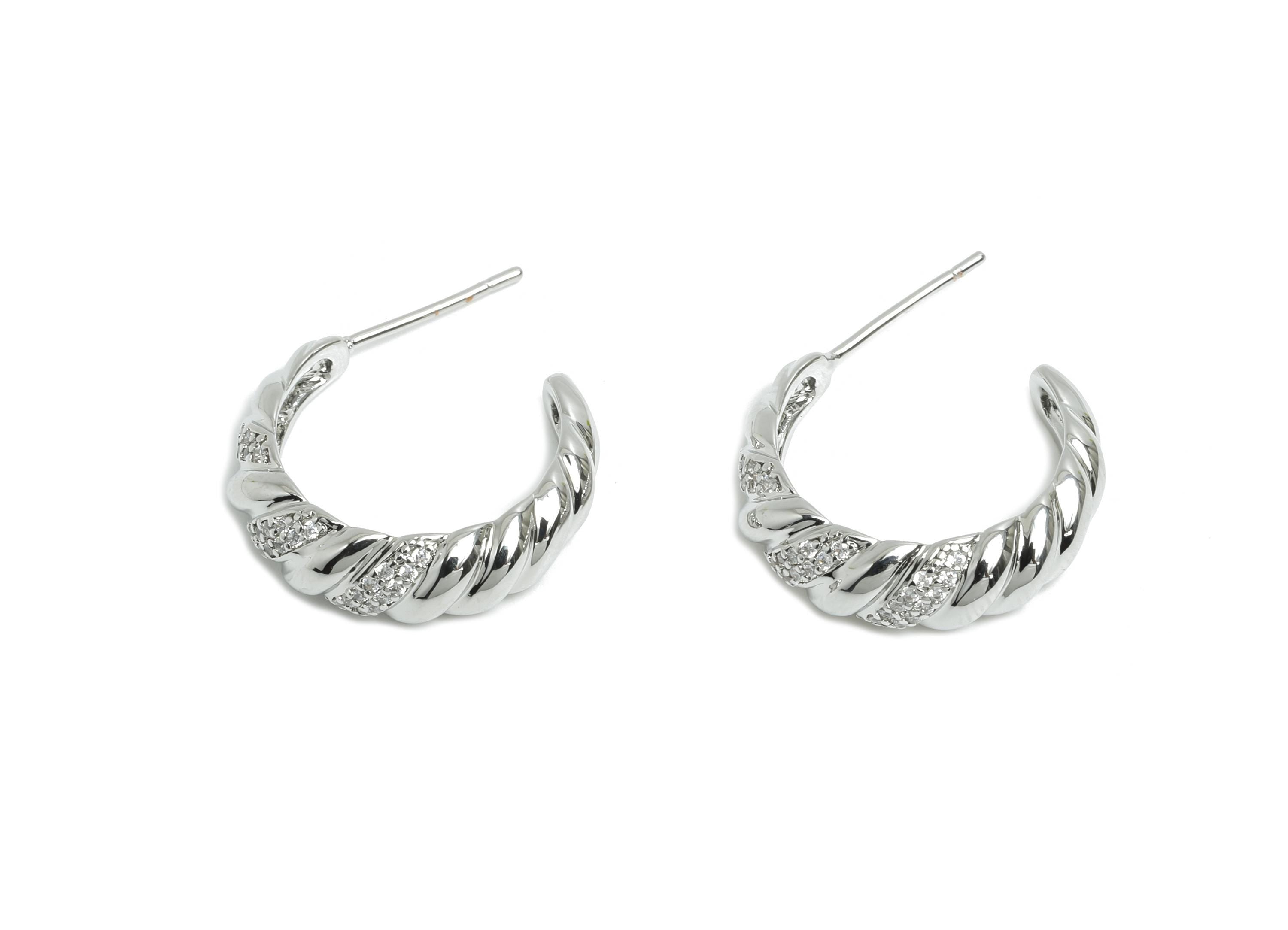Brass C Earring Stud - Open Hoop Earring - Zircon Hoop Earring Stud -White Twisted Earring -18K Real White Gold Plated - 21x18x6mm- RGP9437S - DOMEDBAZAAR