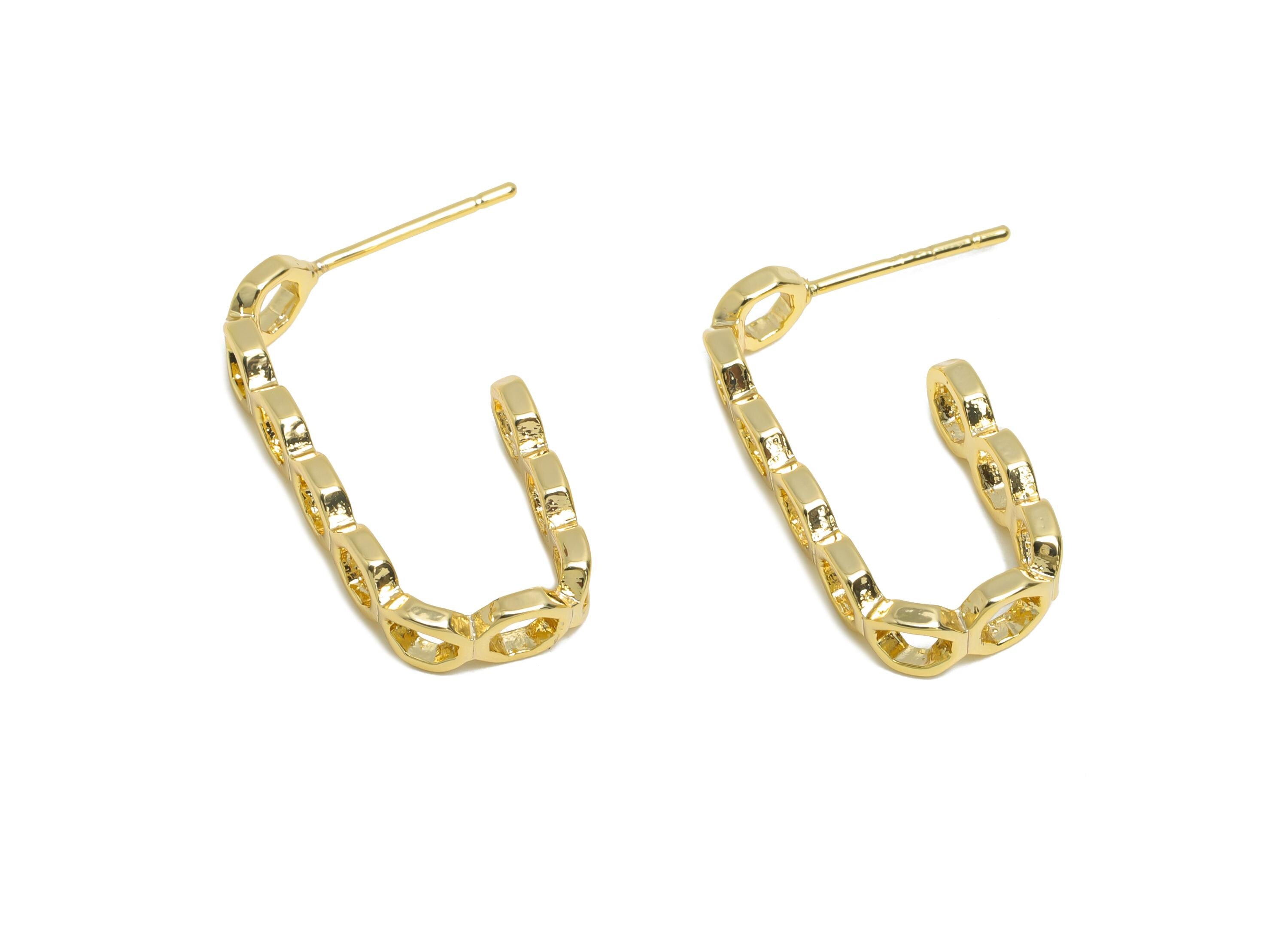 Brass Chain Link Earring Stud - Open Chain Link Hoop Earring - Gold Textured Earring Post- 18k Real Gold Plated Brass -24x10.5x1.8mm-RGP9433 - DOMEDBAZAAR