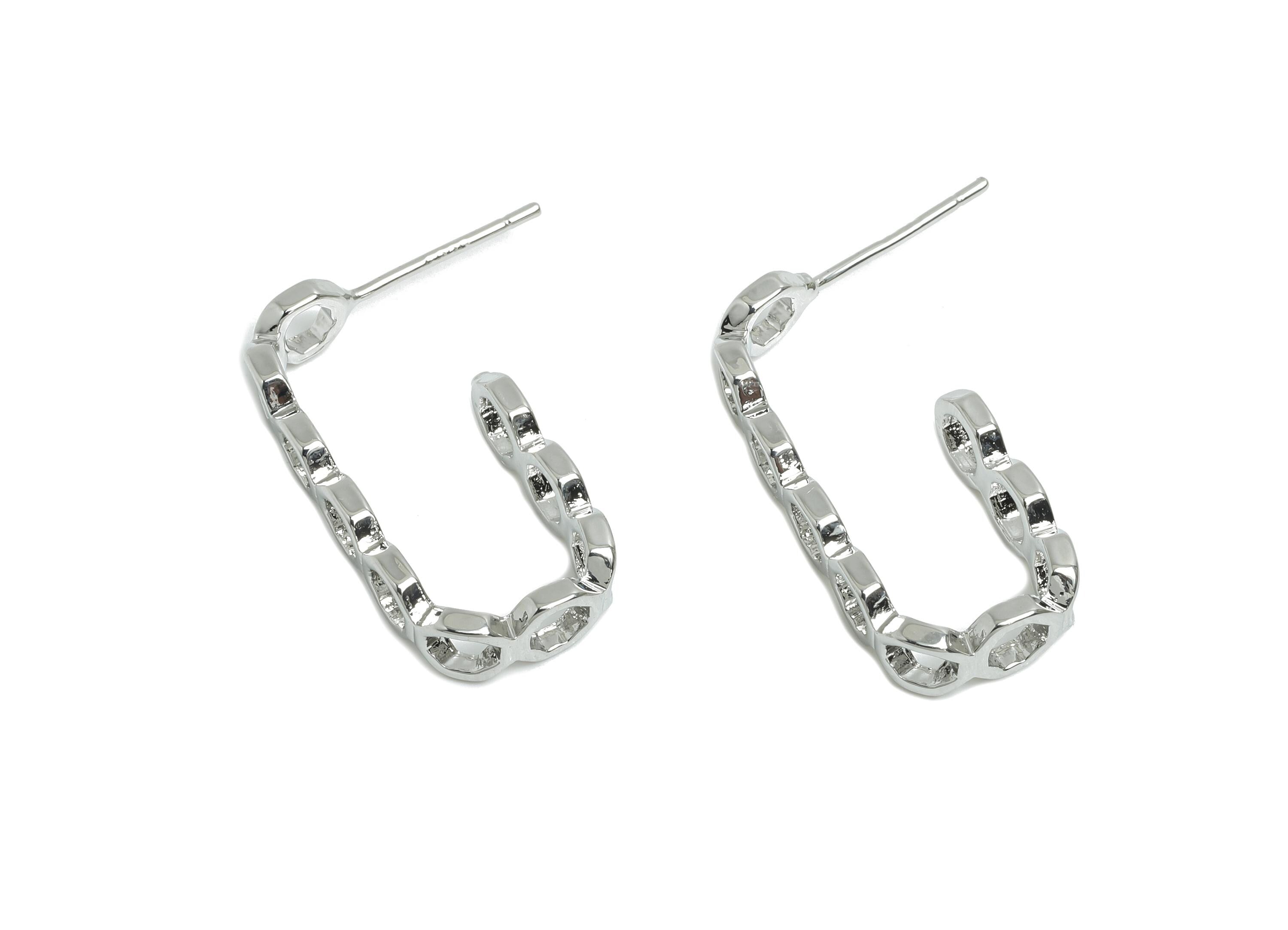 Brass Chain Link Earring Stud - Open Chain Link Hoop Earring - White Textured Ear Post - 18k Real White Gold Plated - 24x10.5x1.8mm-RGP9433S - DOMEDBAZAAR