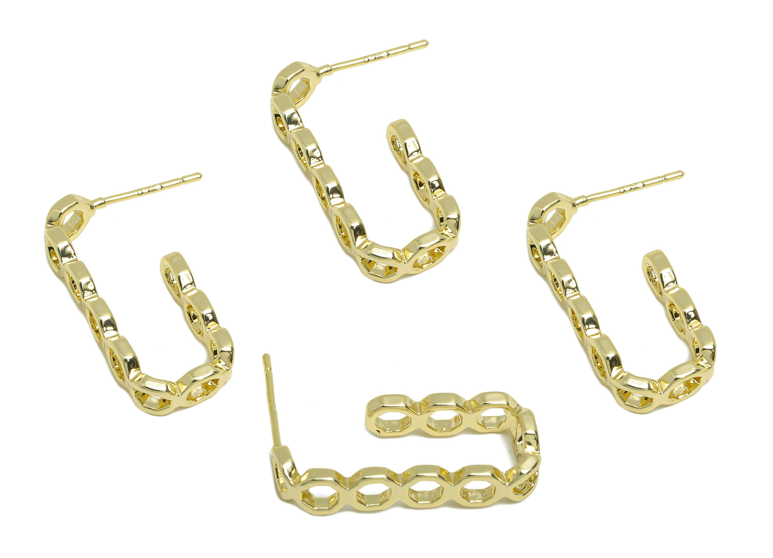 Brass Chain Link Earring Stud - Open Chain Link Hoop Earrings - Gold Textured Earring Posts - 14k Real Gold Plated -24x10.5x1.8mm-RGP9433-14 - DOMEDBAZAAR