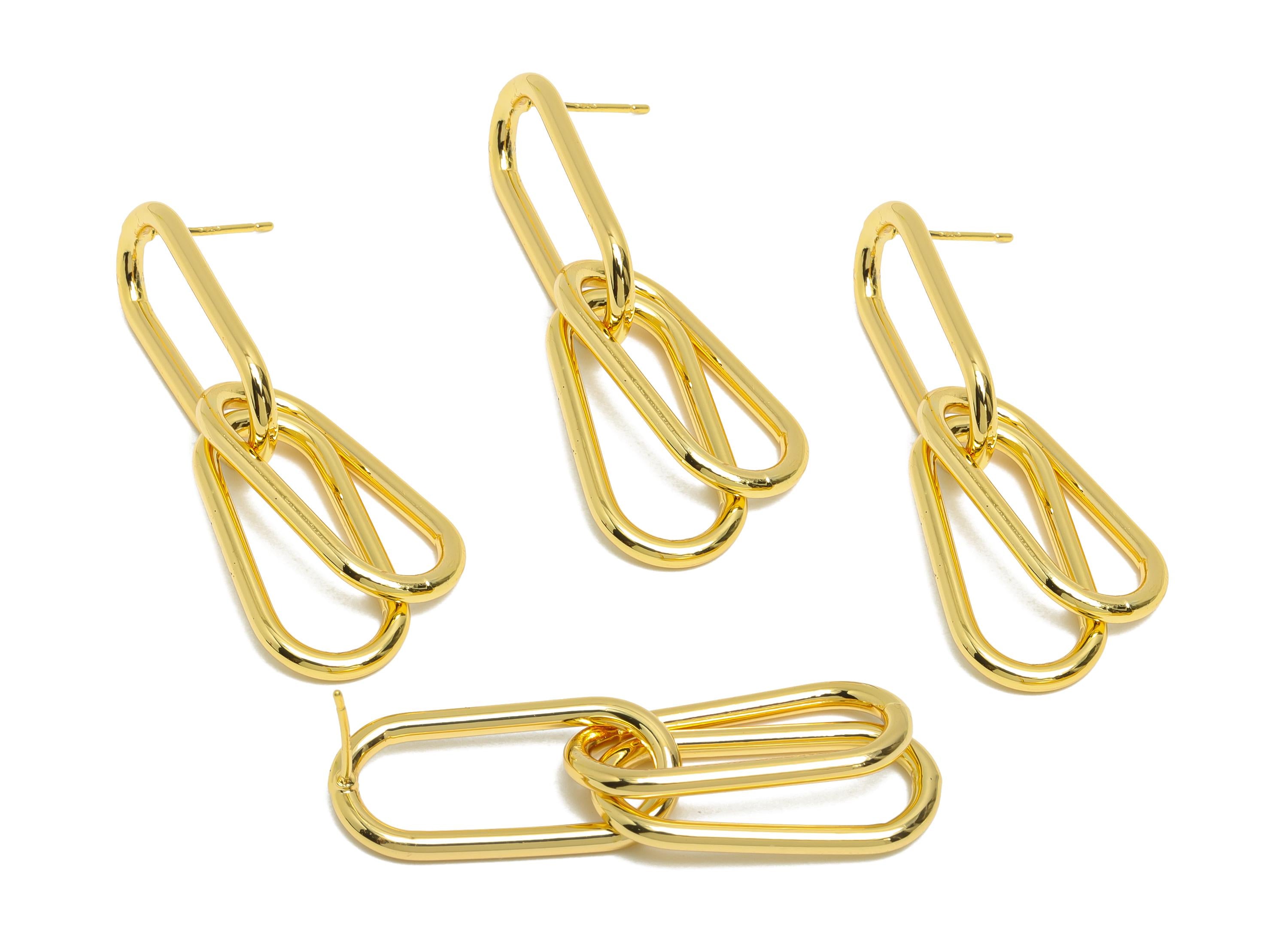 Oval Dangle Earring - Brass Chain Link Earring Post - Gold Dangle Minimalism Geometric Earring - 18K Real Gold Plated -44x11.5x2mm - RGP9432 - DOMEDBAZAAR