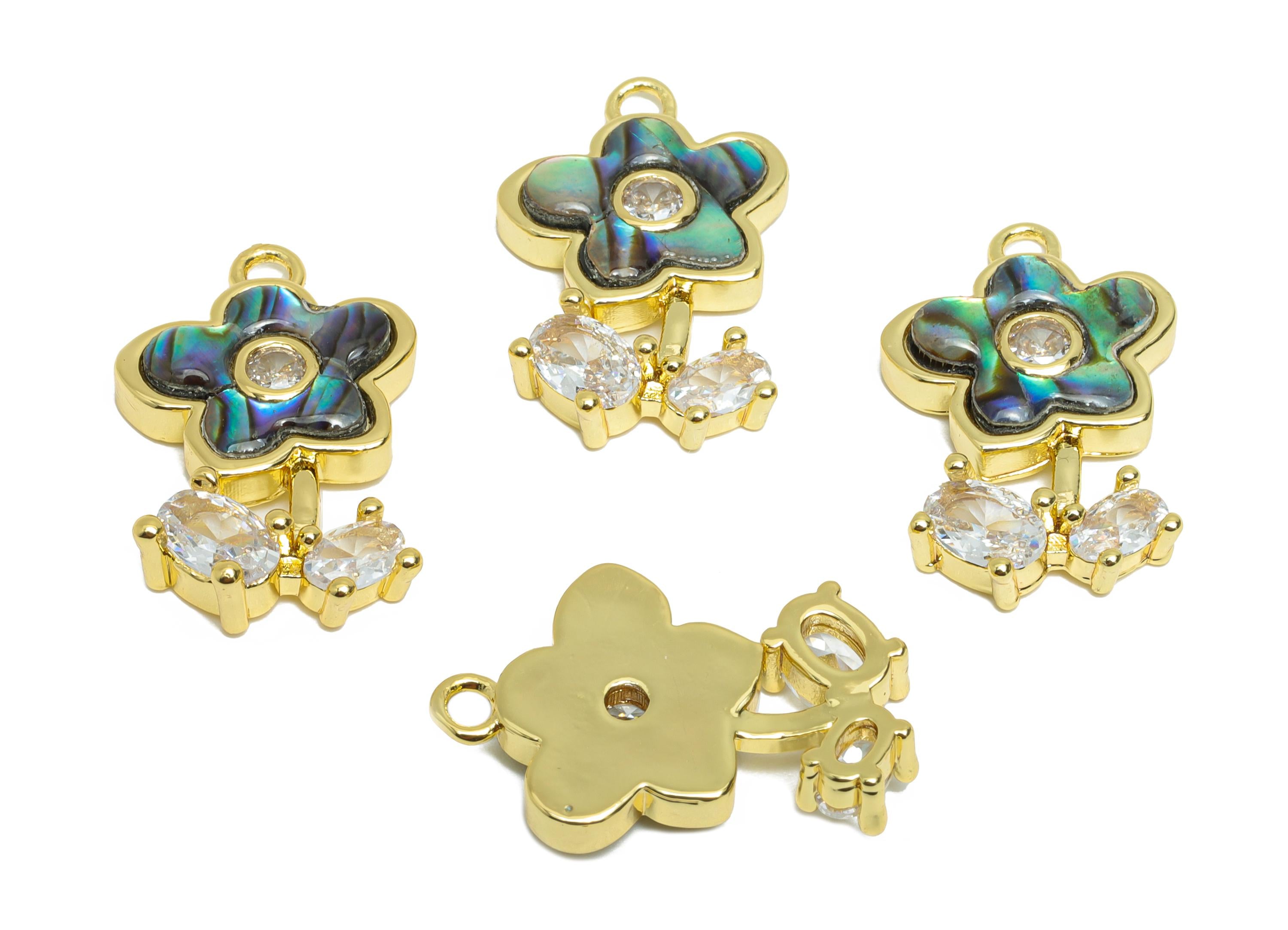 Brass Flower Earring Charm - Gold Zircon Abalone Shell Pendant- Elegant Flower Charm for Necklace -18K Gold Plated-21.4x13.8x4.04mm- RGP9624 - DOMEDBAZAAR