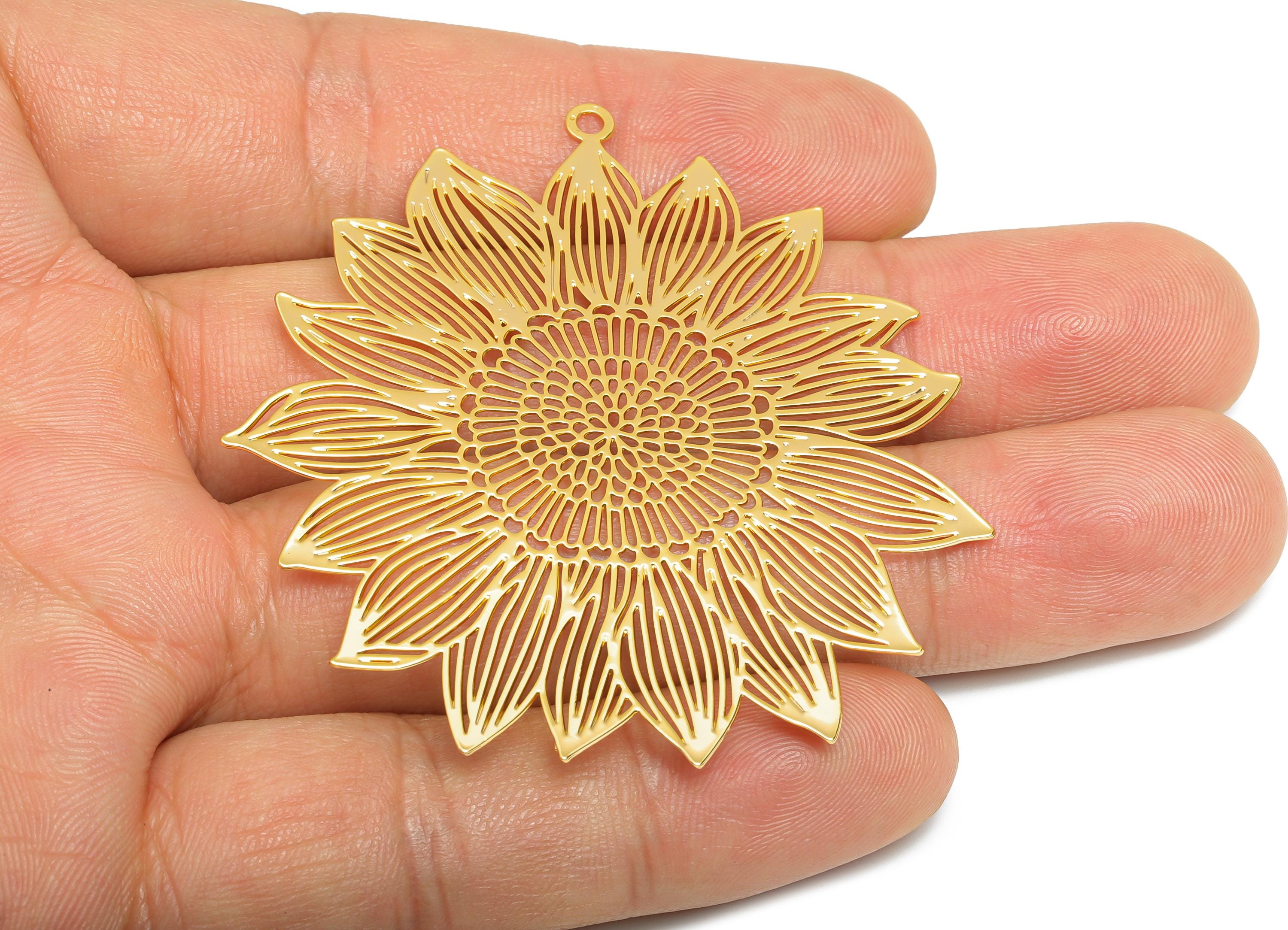 Brass Sunflower Earring Charms - Gold Hollow Flower Charm - Botanical Floral Pendant - 18K Real Gold Plated - 56.85x52.16x0.35mm - RGP9576 - DOMEDBAZAAR