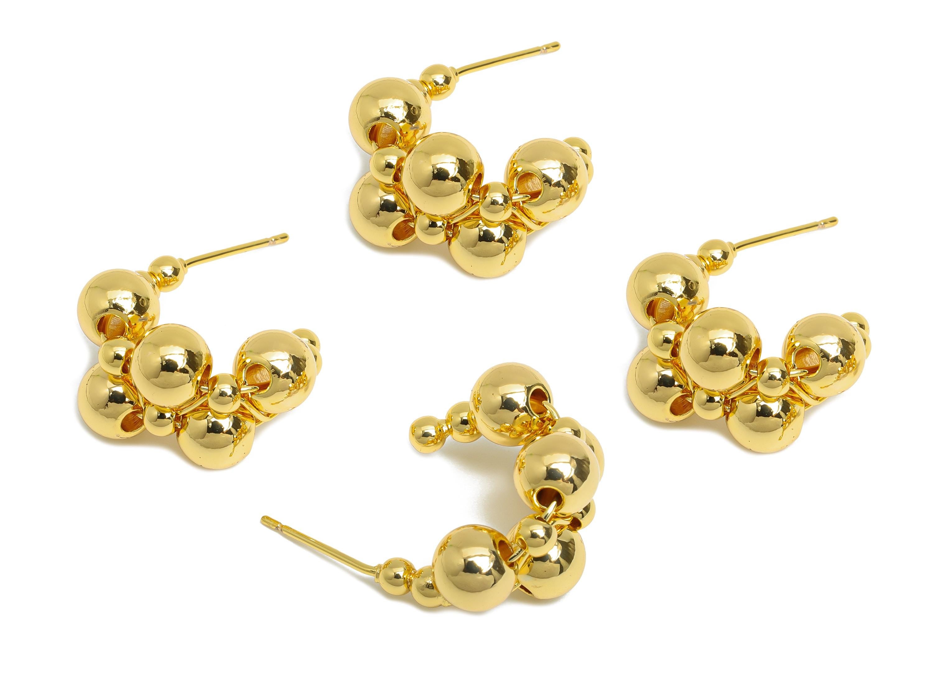 Gold Ball Cluster Earring Stud - Brass Beaded Bubbles C Earring Post - Geometric Cluster Jewelry -18K Real Gold Plated - 21x15x12mm -RGP9533 - DOMEDBAZAAR