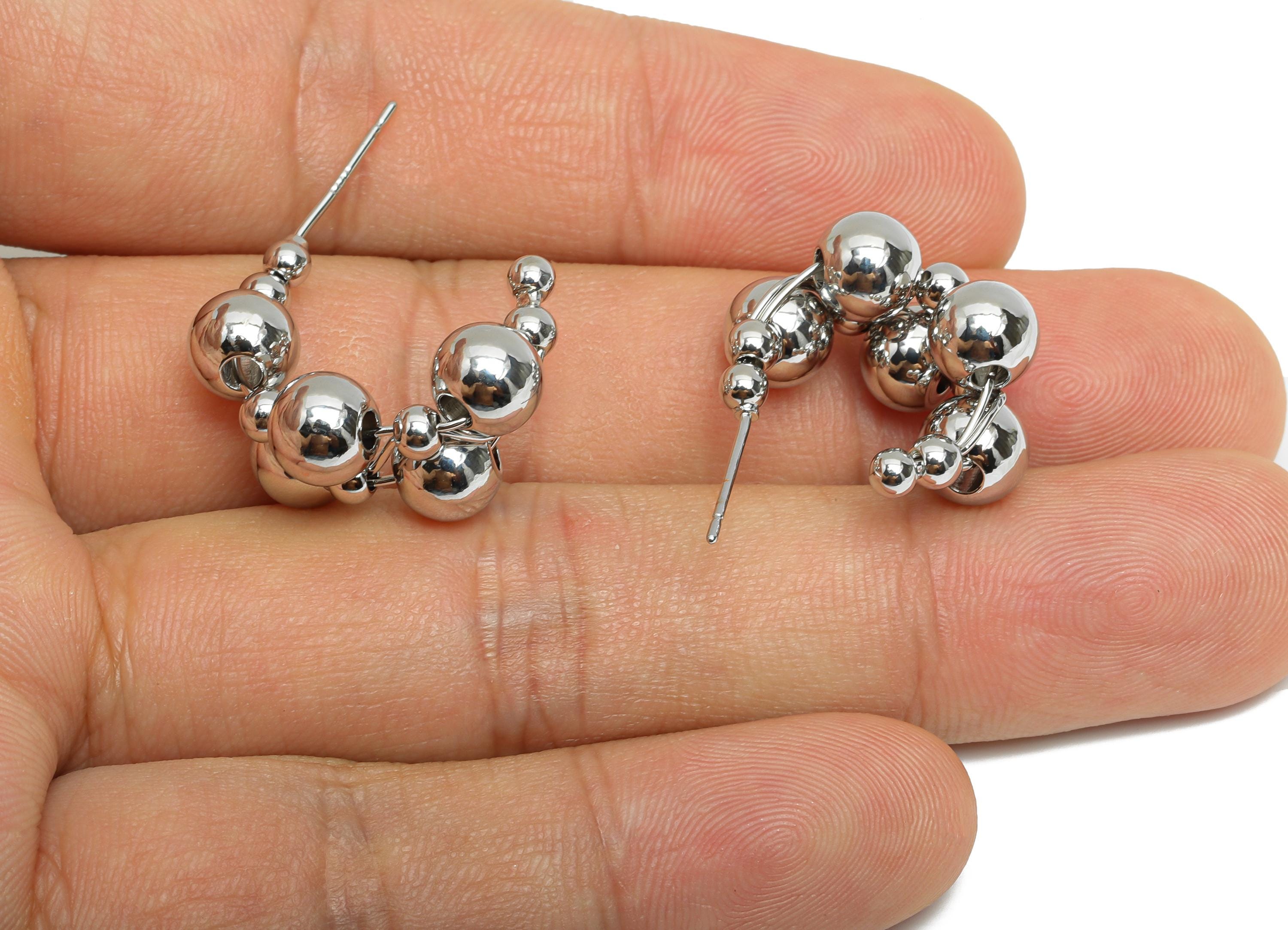 Silver Ball Cluster Earring Stud - Brass Bold Beaded Bubbles Earring - Geometric Cluster Jewelry -18K White Gold Plated -21x15x12mm-RGP9533S - DOMEDBAZAAR