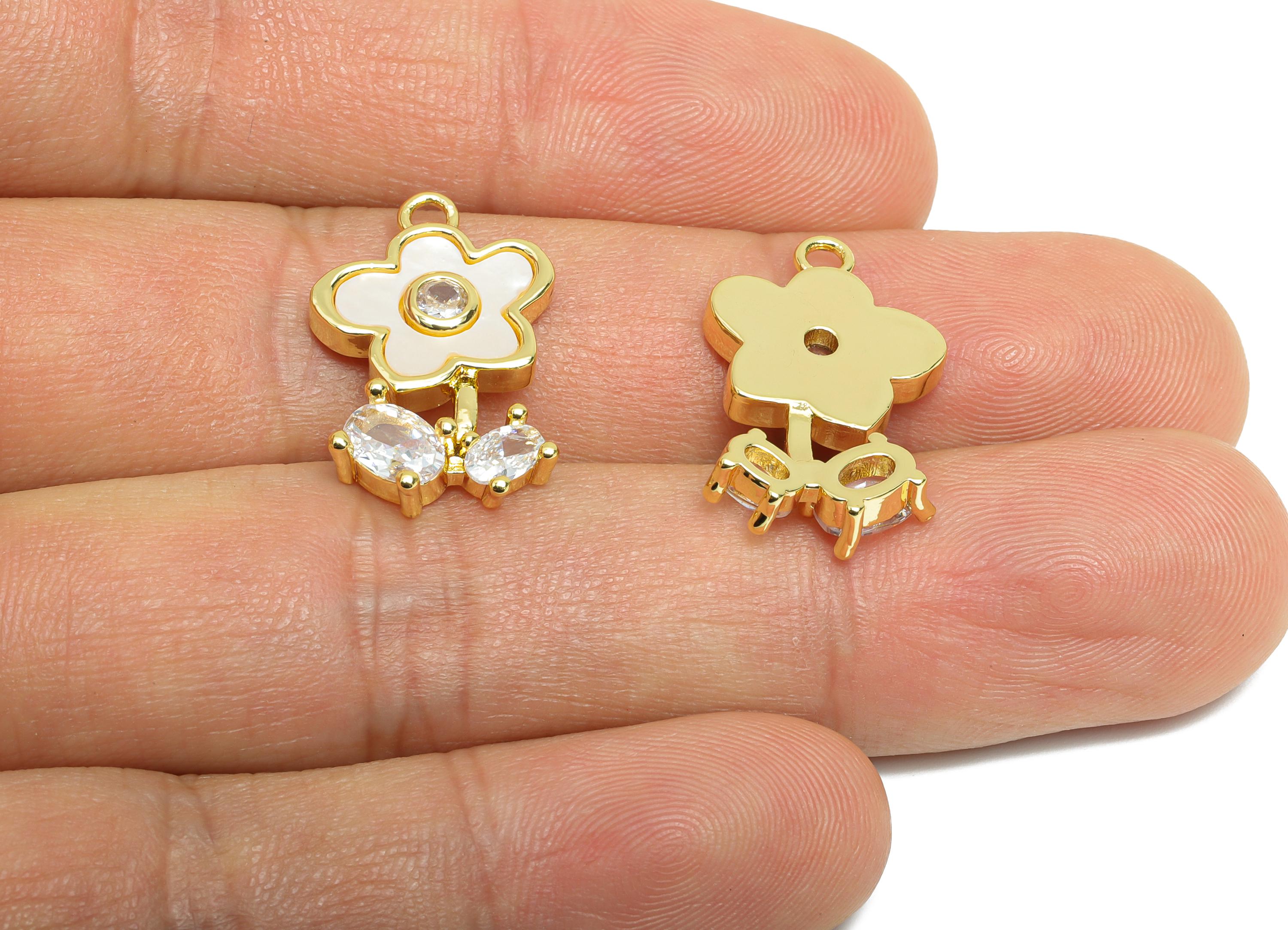 Brass Flower Earring Charm - Gold Zircon Seashell Pendant- Elegant Flower Charm for Necklace - 18K Gold Plated - 21.4x13.8x4.04mm - RGP9623 - DOMEDBAZAAR