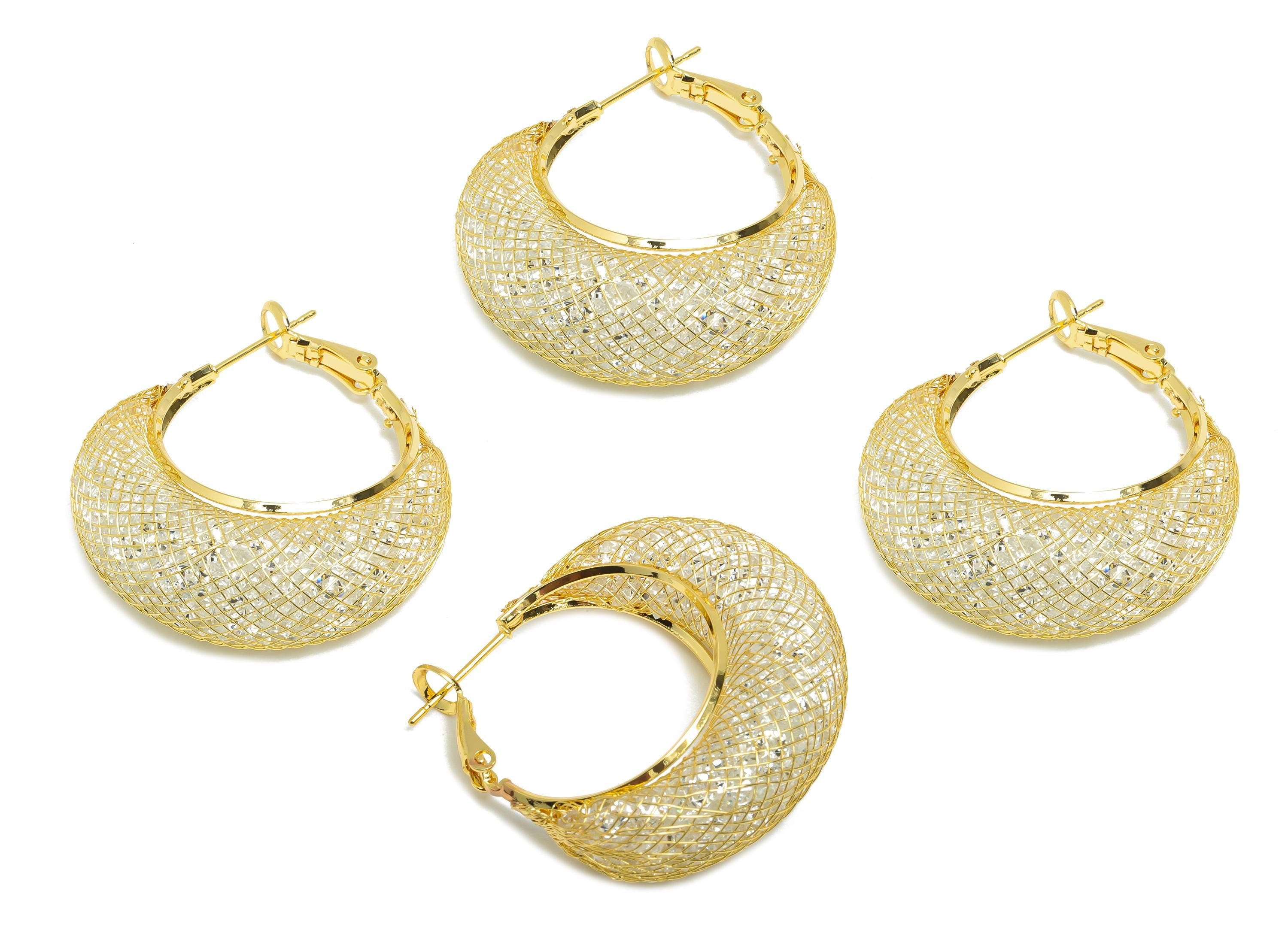 Basket Weave Hoop Earrings - Brass Woven Mesh Clasp Earrings - Zircon Push Back Earrings Post - 18K Real Gold Plated - 38x32x12mm - RGP9430 - DOMEDBAZAAR