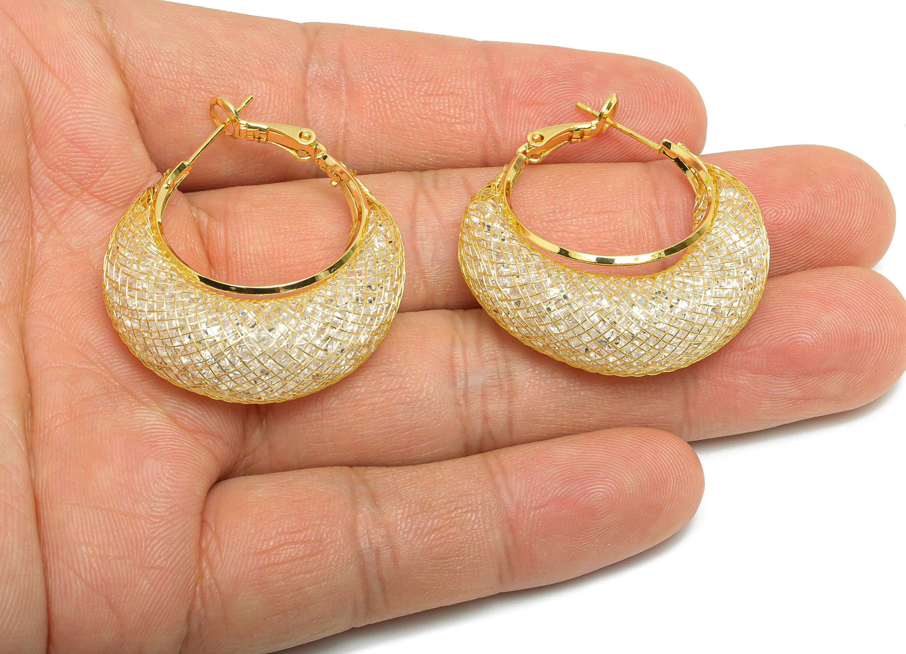 Basket Weave Hoop Earrings - Brass Woven Mesh Clasp Earrings - Zircon Push Back Earrings Post - 18K Real Gold Plated - 38x32x12mm - RGP9430 - DOMEDBAZAAR