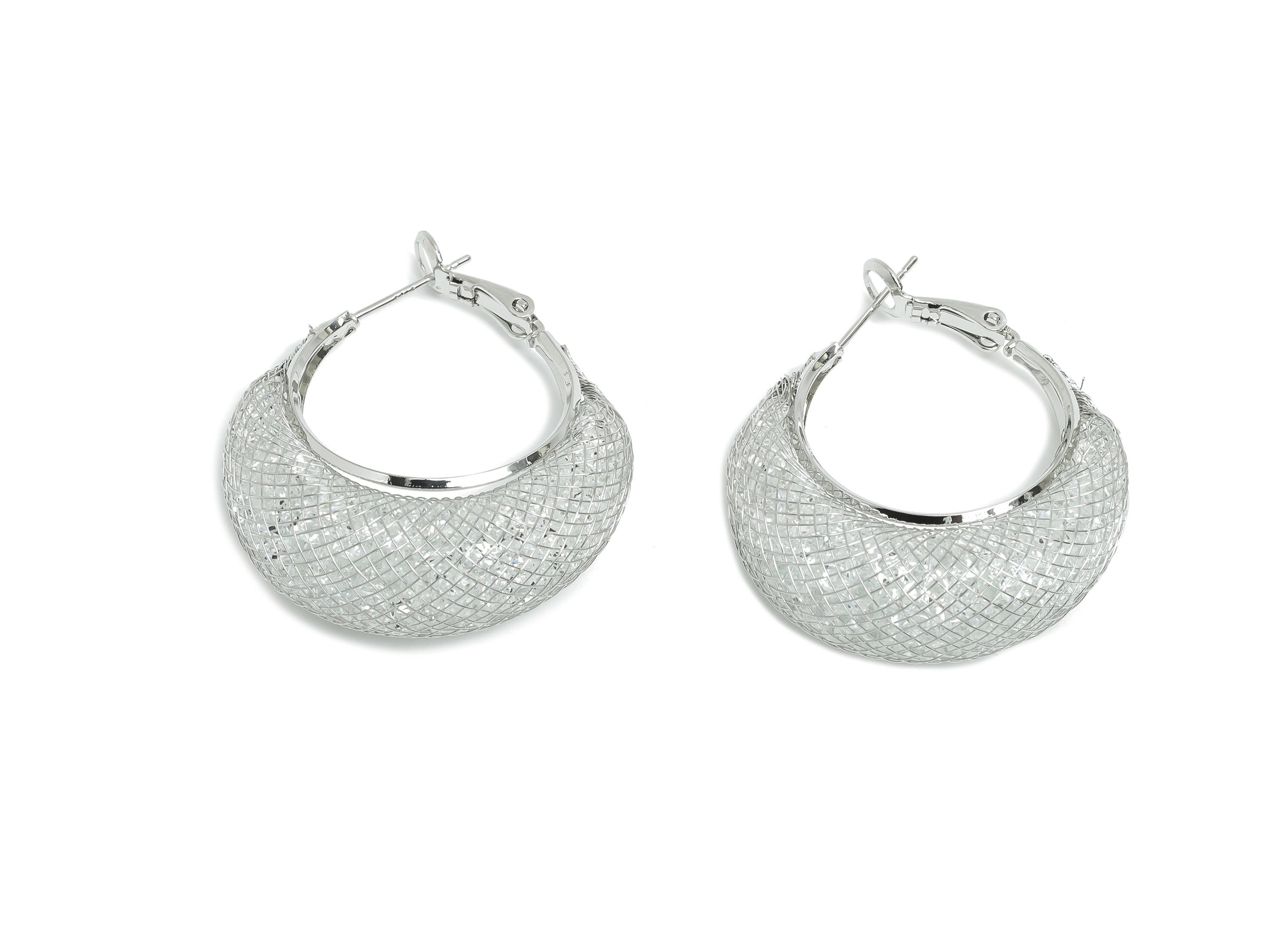 Basket Weave Hoop Earrings - Brass Woven Mesh Clasp Earring - Zircon Push Back Earring Post - 18K White Gold Plated - 38x32x12mm - RGP9430S - DOMEDBAZAAR