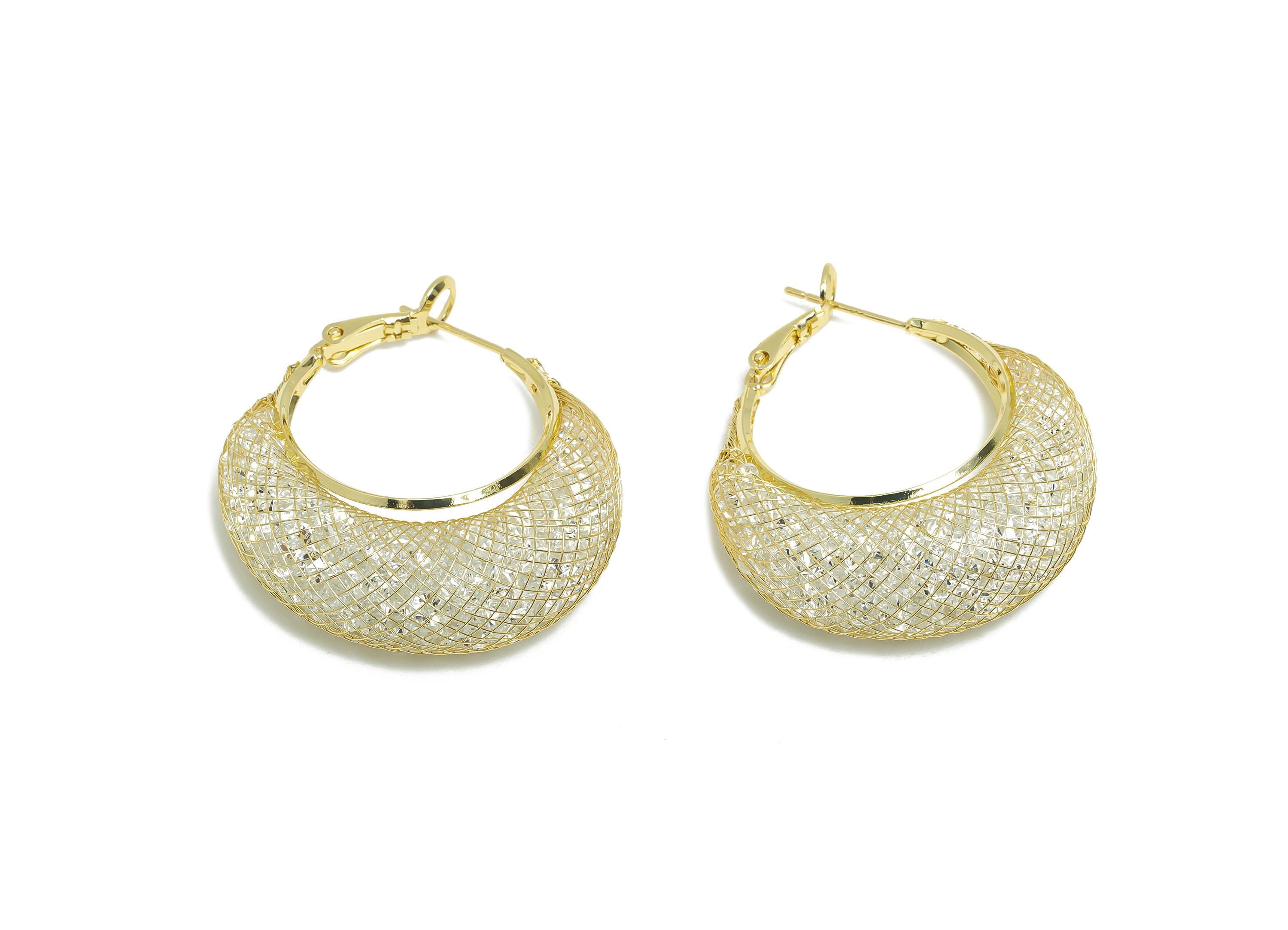 Basket Weave Hoop Earring - Brass Woven Mesh Clasp Earring - Zircon Push Back Earrings Post - 14K Real Gold Plated - 38x32x12mm - RGP9430-14 - DOMEDBAZAAR