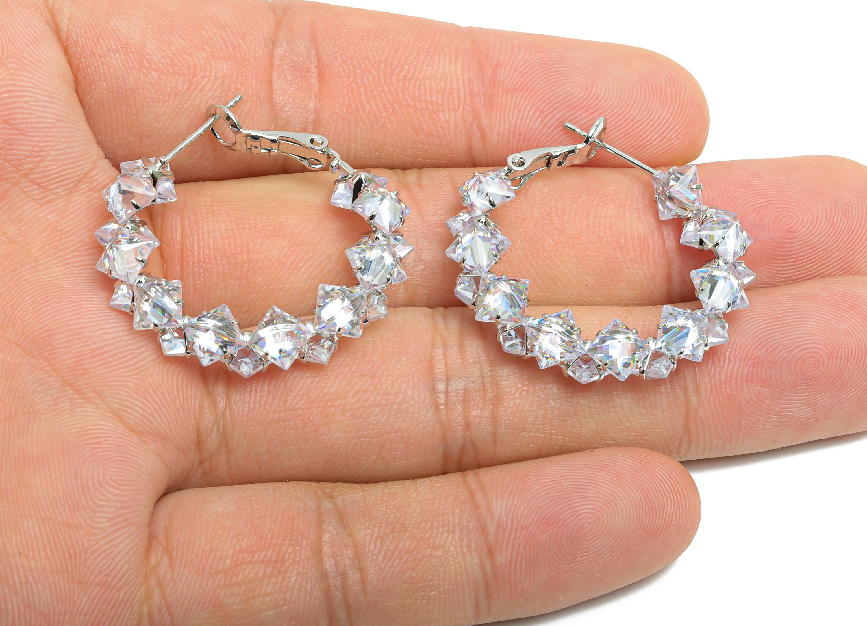 Brass Round Hoop Earring - Zircon Hoop Clasp Earring - White Zircon Push Back Earring Post - 18K Real White Gold Plated -34x31x4mm -RGP9428S - DOMEDBAZAAR