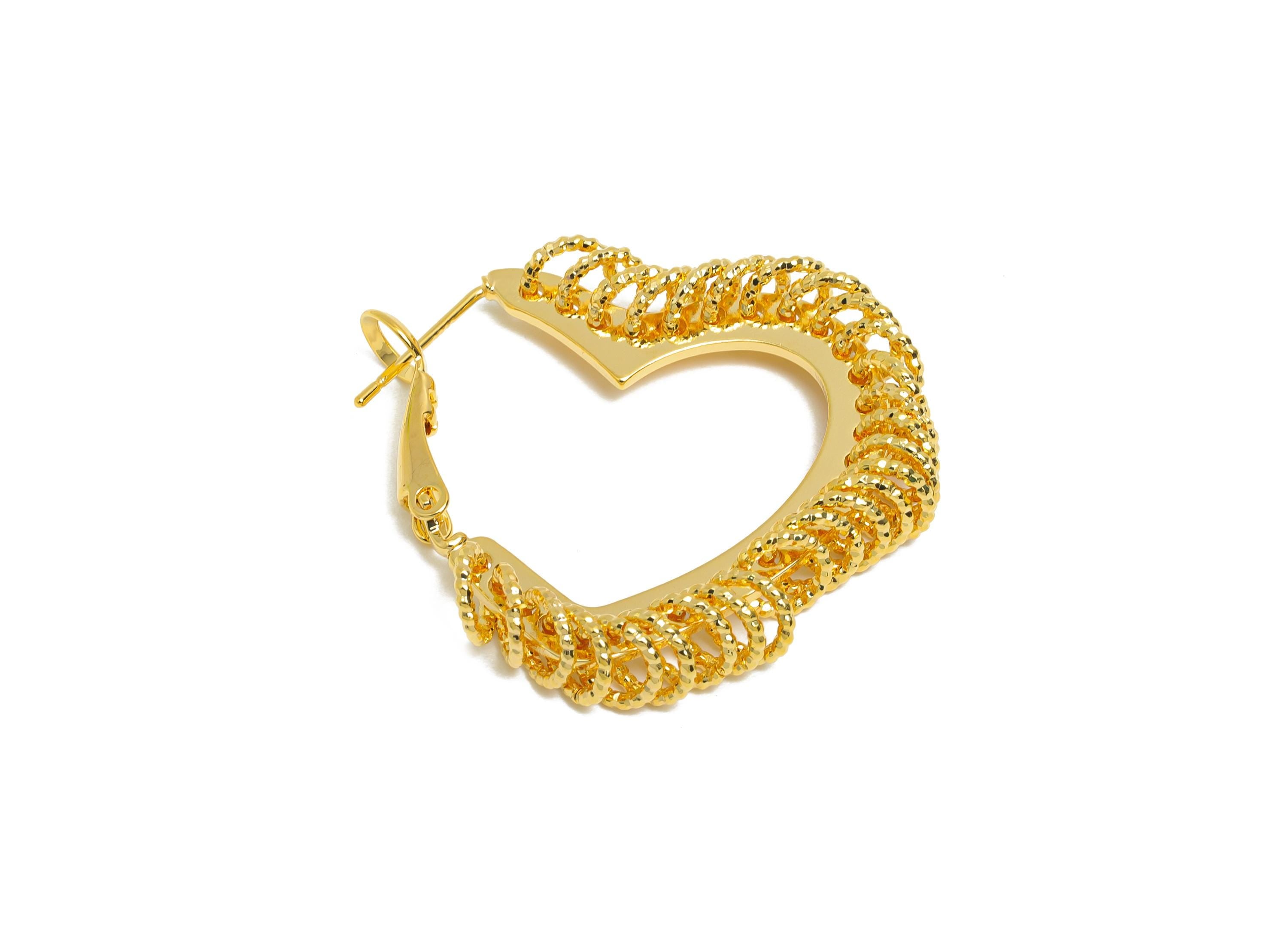 Brass Heart Hoop Earrings - Gold Heart Hanging Ring Earrings - Textured Push Back Earrings Post - 18K Real Gold Plated - 32x29x3mm - RGP9429 - DOMEDBAZAAR