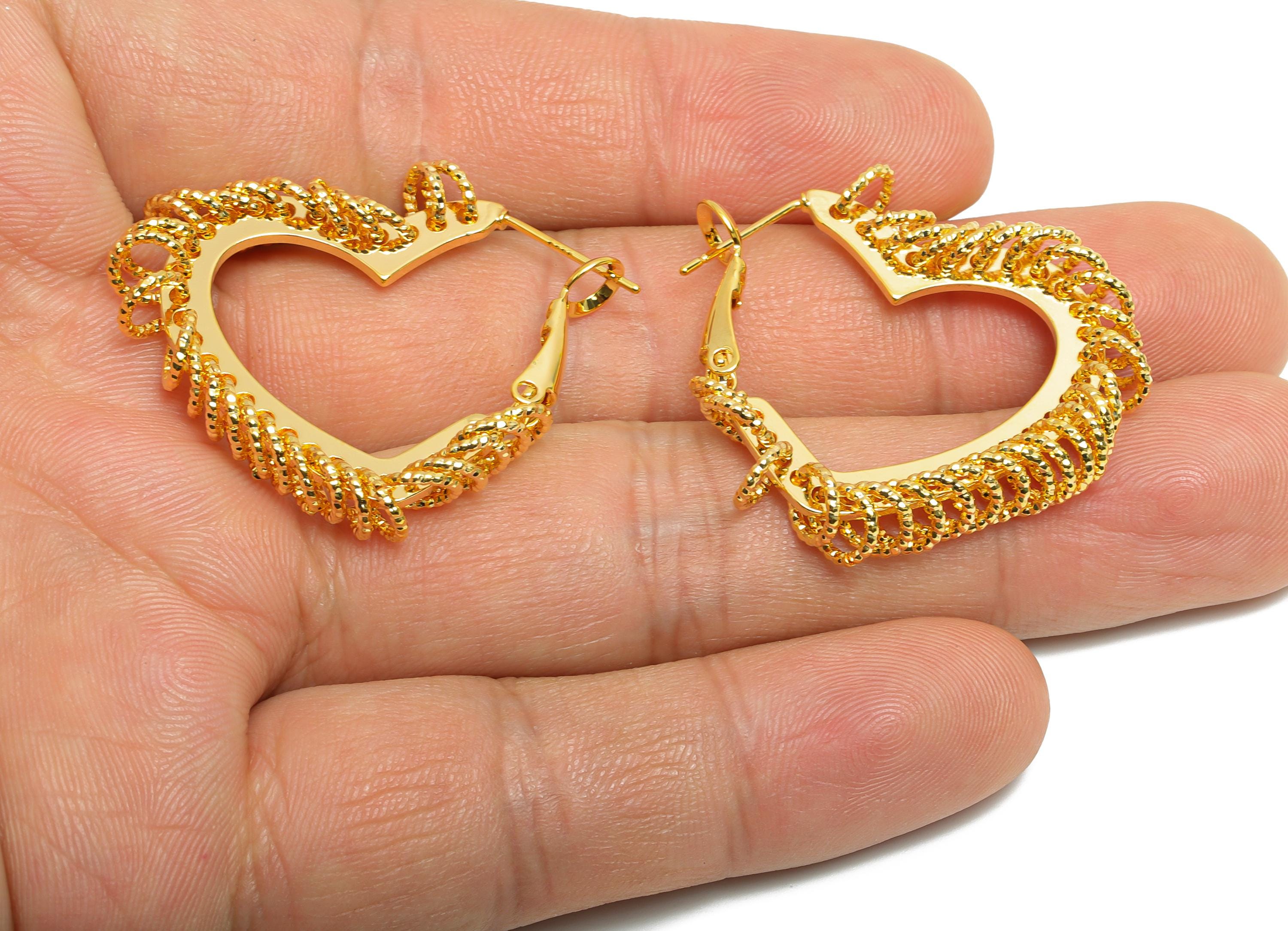 Brass Heart Hoop Earrings - Gold Heart Hanging Ring Earrings - Textured Push Back Earrings Post - 18K Real Gold Plated - 32x29x3mm - RGP9429 - DOMEDBAZAAR