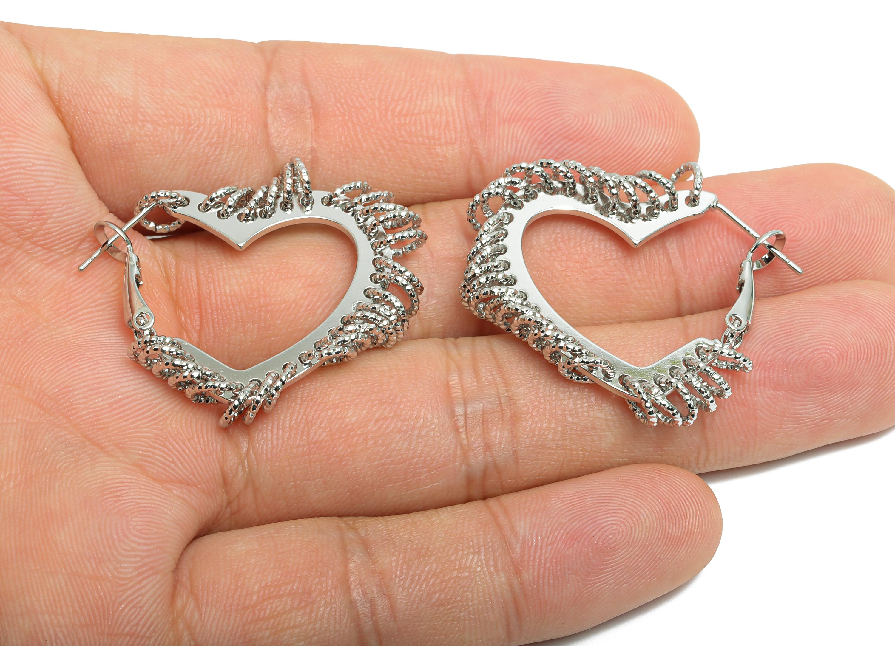 Brass Heart Hoop Earring - White Heart Hanging Ring Earring - Textured Push Back Earring Post - 18K White Gold Plated - 32x29x3mm - RGP9429S - DOMEDBAZAAR