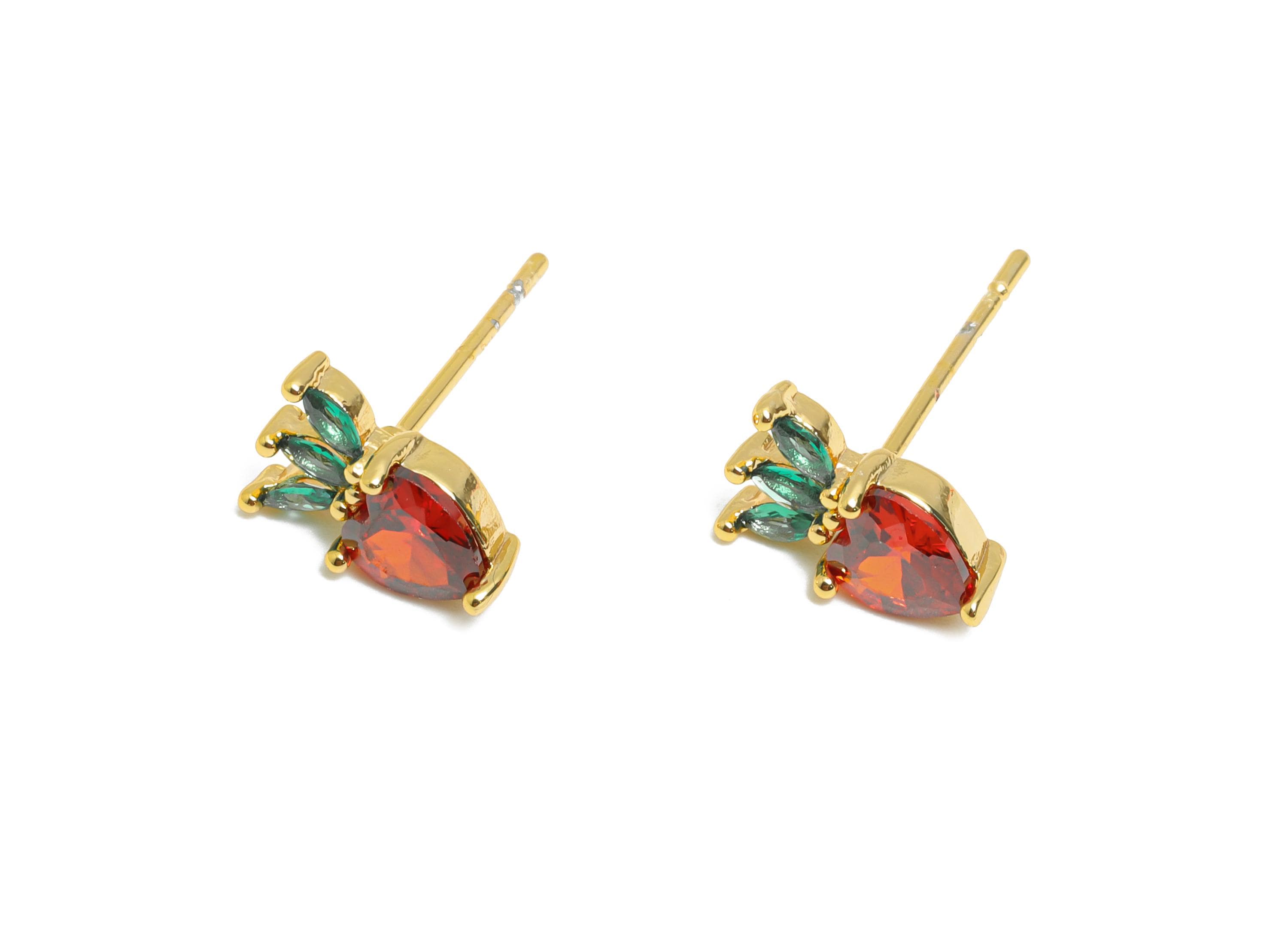 Strawberry Earring Stud - Brass Colorful Marquise Gem Earring - Modern Cubic Zircon Earring Stud - 18K Real Gold Plated - 9x6x3mm - RGP10372 - DOMEDBAZAAR