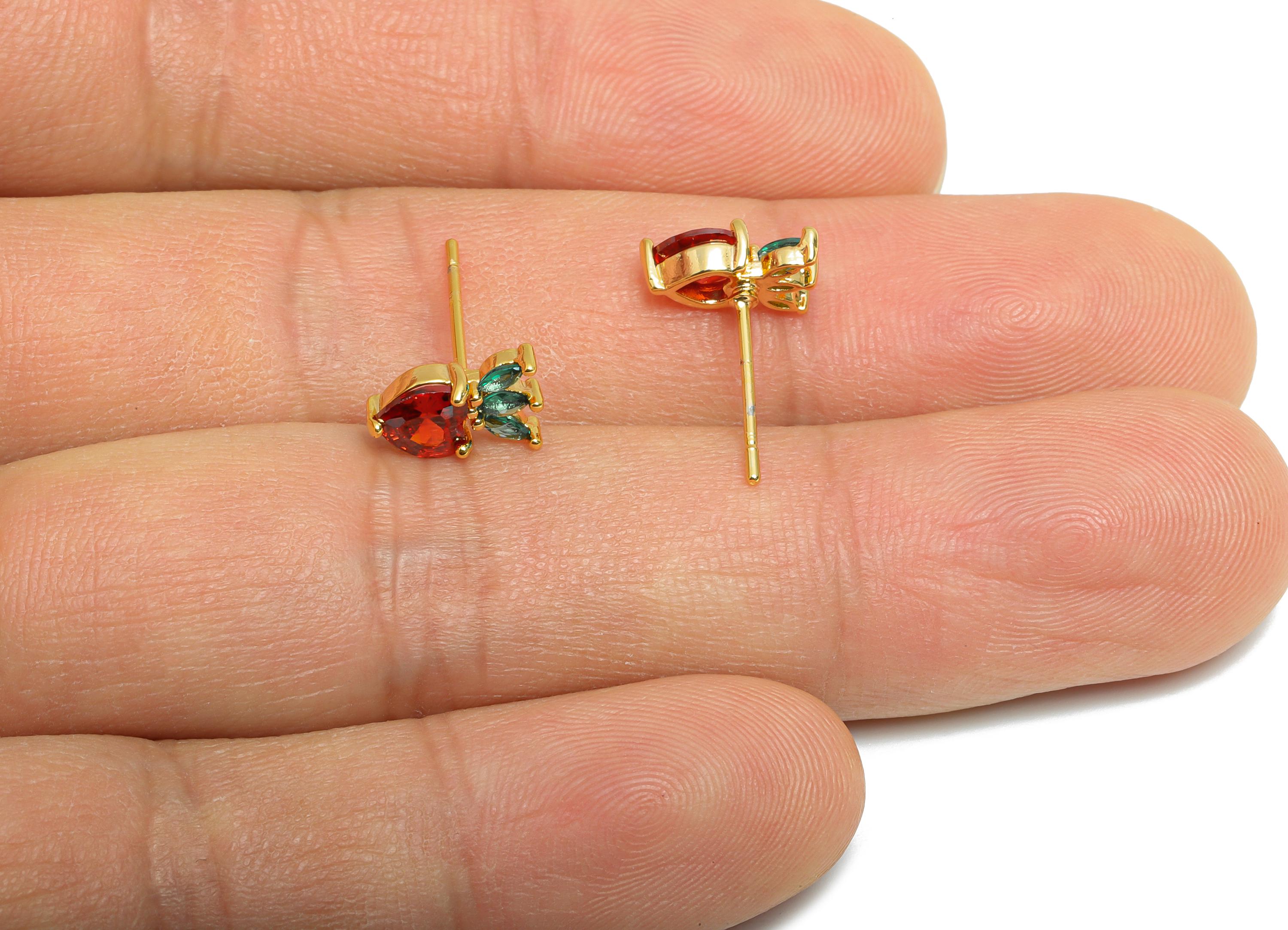 Strawberry Earring Stud - Brass Colorful Marquise Gem Earring - Modern Cubic Zircon Earring Stud - 18K Real Gold Plated - 9x6x3mm - RGP10372 - DOMEDBAZAAR