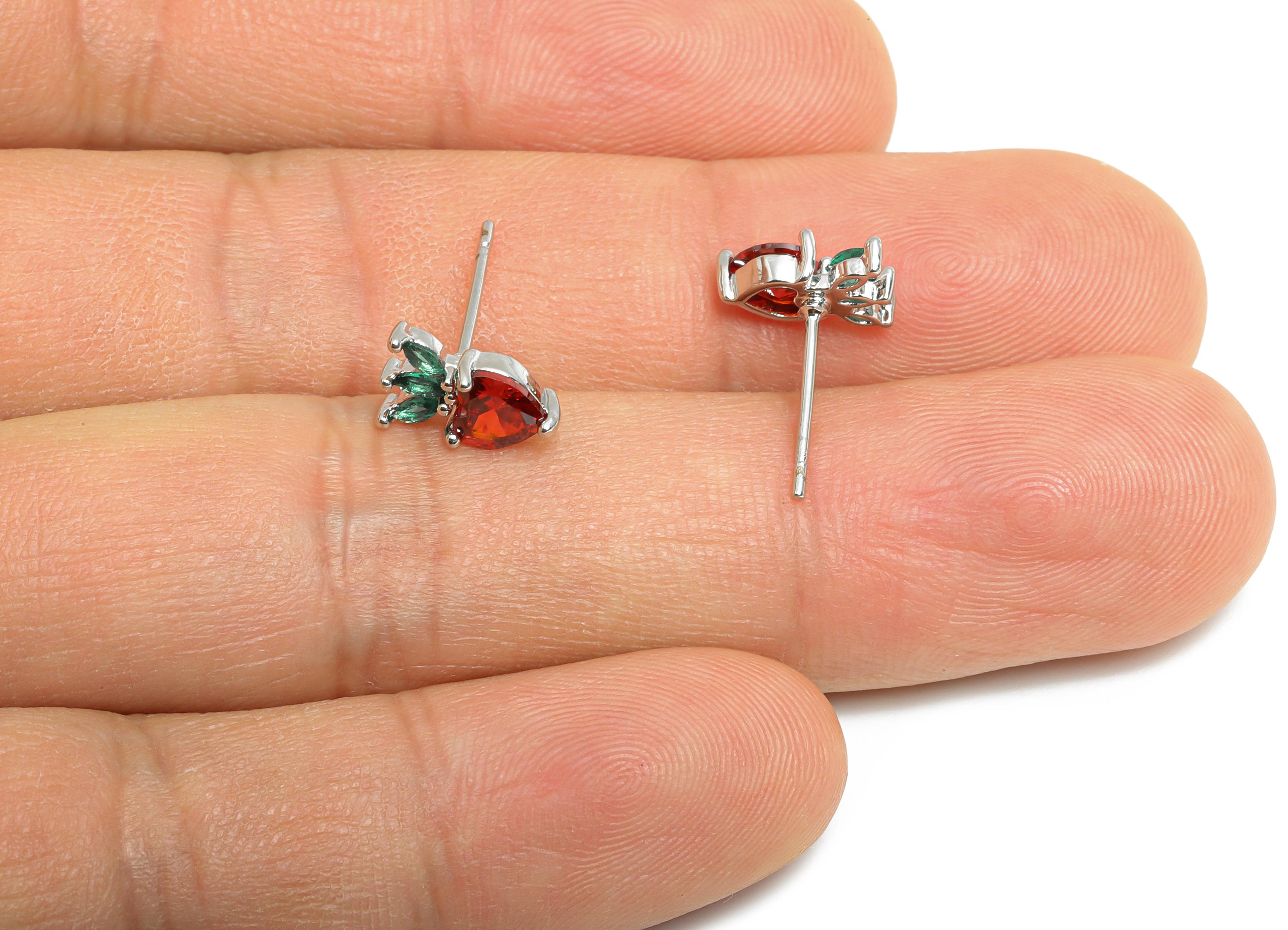 Strawberry Earring Stud - Brass Cubic Zircon Marquise Gem Earring - Shimmering Earring Stud - 18K Real White Gold Plating - 9x6x3mm-RGP10373 - DOMEDBAZAAR