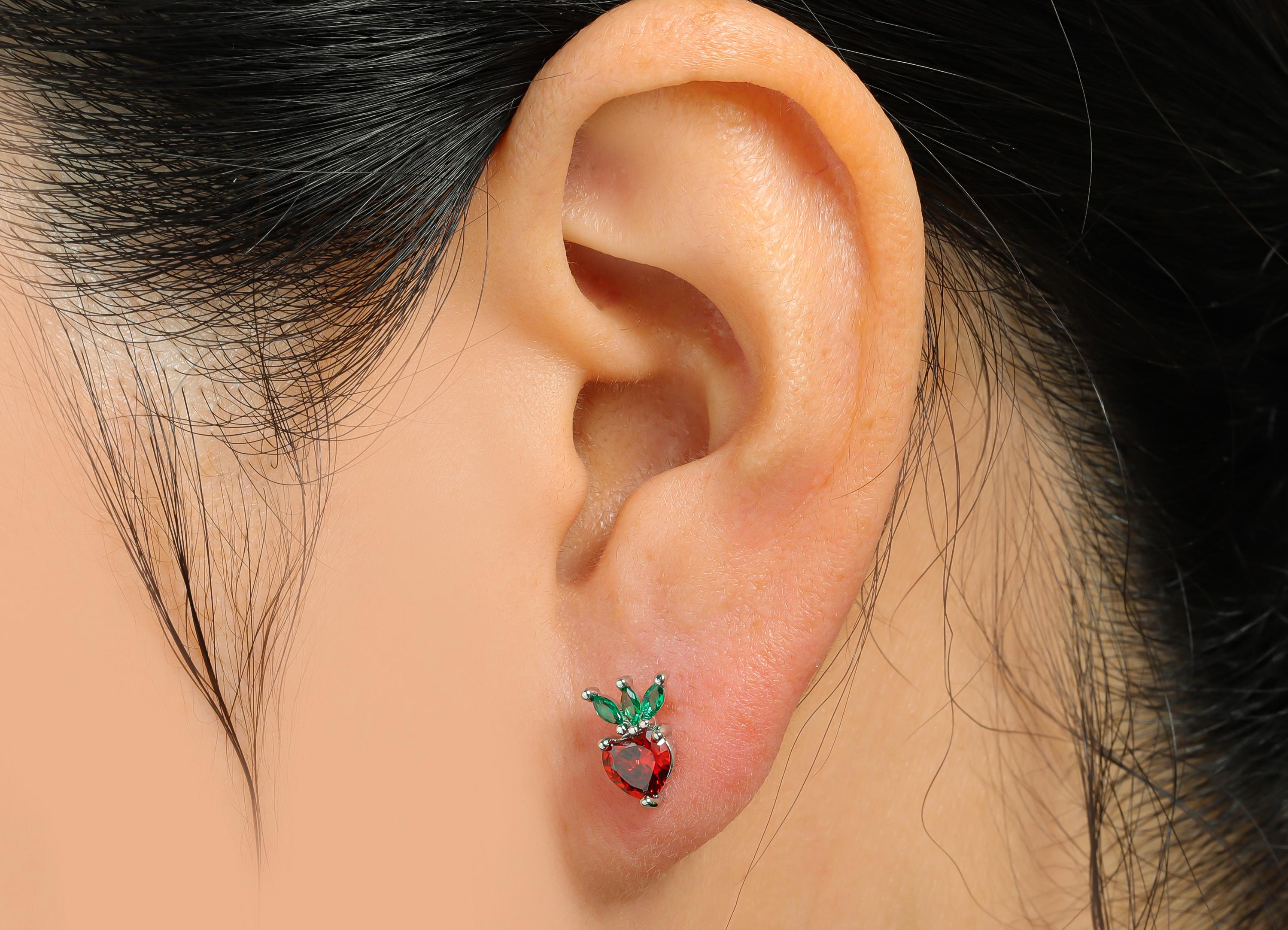 Strawberry Earring Stud - Brass Cubic Zircon Marquise Gem Earring - Shimmering Earring Stud - 18K Real White Gold Plating - 9x6x3mm-RGP10373 - DOMEDBAZAAR
