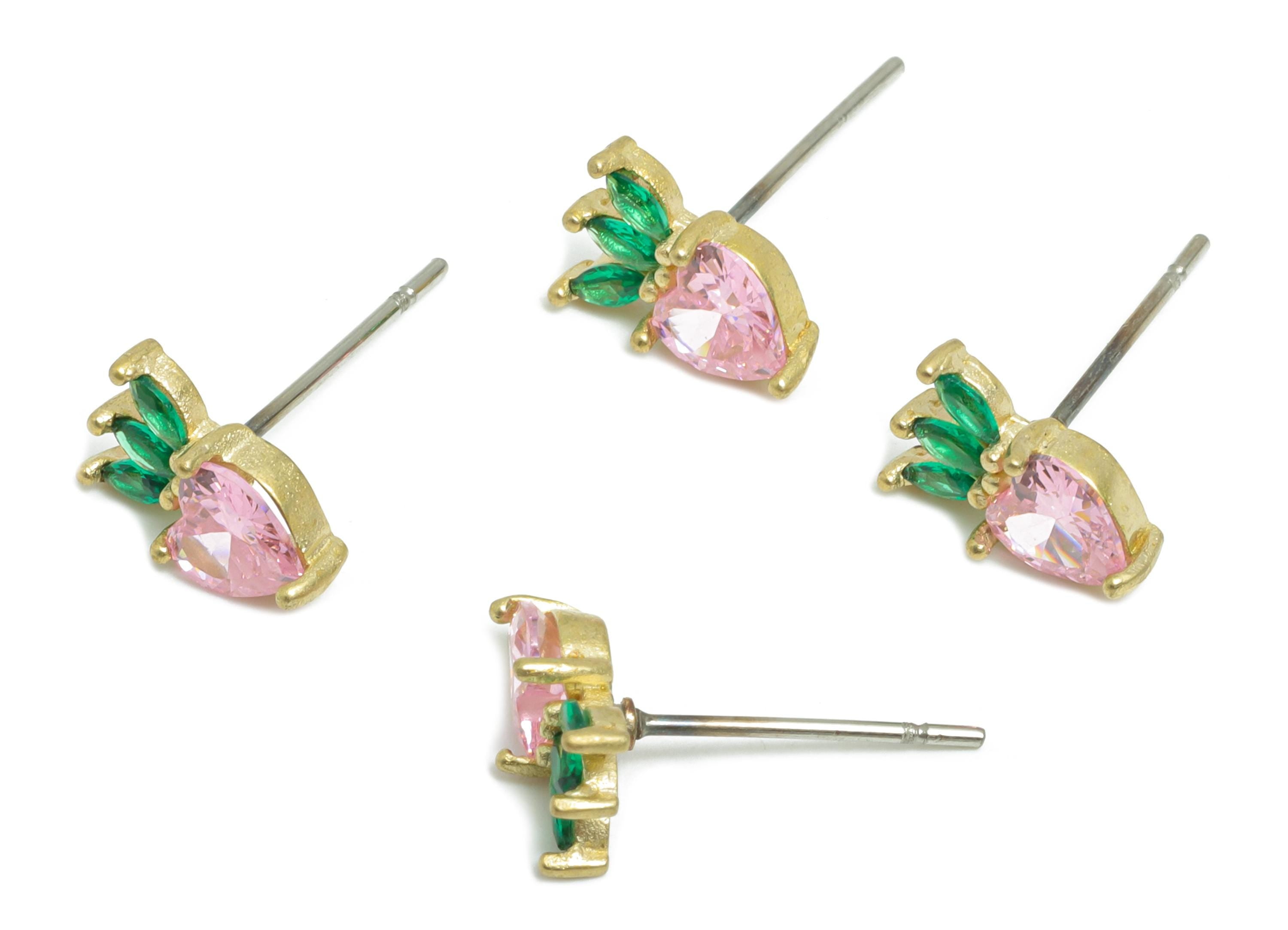 CZ Strawberry Earring Stud - Raw Brass Pink Gemstone Earring - Modern Shimmering Earring Stud - Marquise Earring Stud - 9x6x3mm - PP11030 - DOMEDBAZAAR