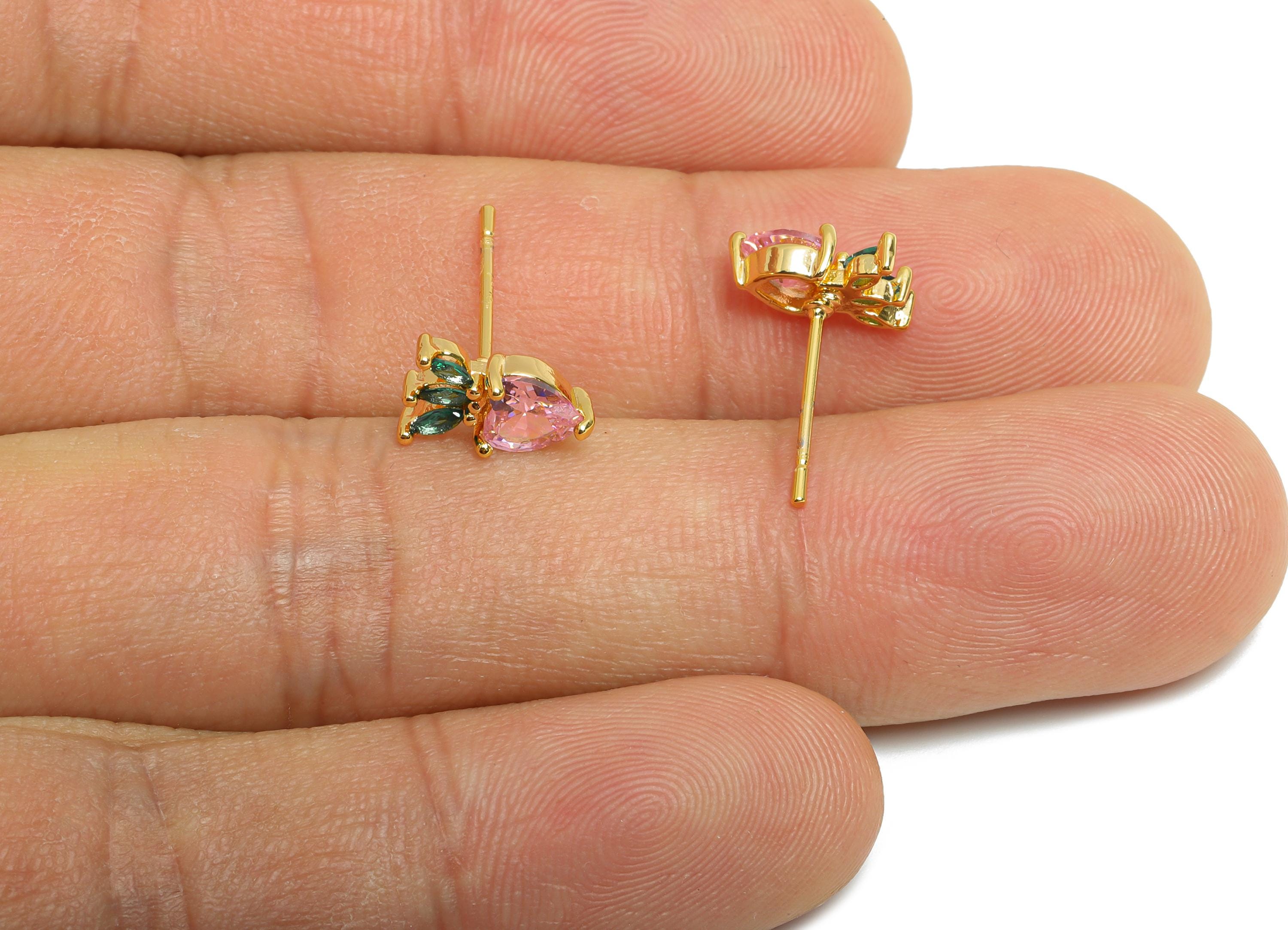 CZ Strawberry Earring Stud - Brass Pink Gemstone Earring - Marquise Shimmering Earring Stud - 18K Real Gold Plated - 9x6x3mm - RGP10374 - DOMEDBAZAAR