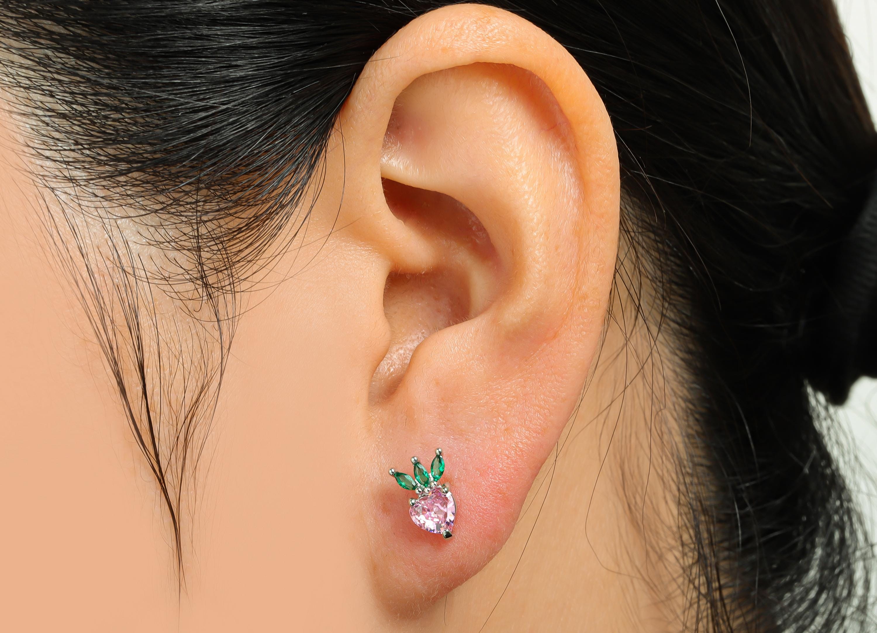 CZ Strawberry Earring Stud - Brass Pink Gemstone Earring - Marquise Shimmering Earring Stud - 18K Real White Gold Plated - 9x6x3mm -RGP10375 - DOMEDBAZAAR