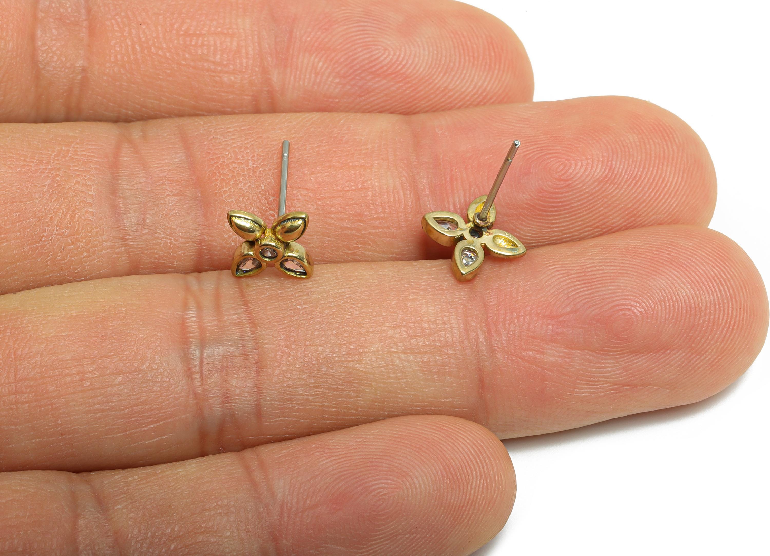CZ Dainty Flower Stud - Raw Brass Petal Earring - Zircon Floral Stud Earrings - Brass Crystal Everyday Wear  Earring - 9x7x2mm - PP11045 - DOMEDBAZAAR