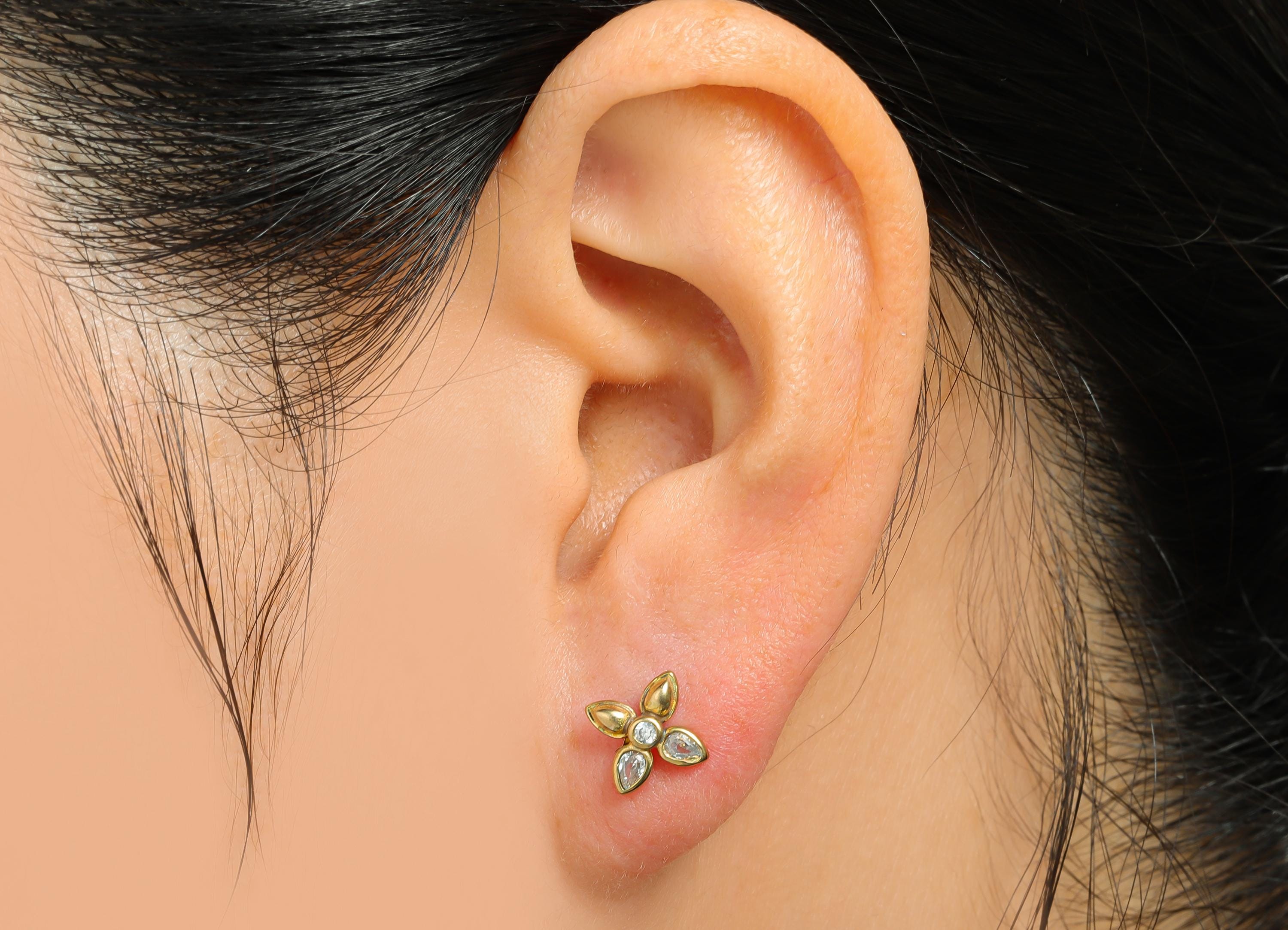 CZ Dainty Flower Stud - Raw Brass Petal Earring - Zircon Floral Stud Earrings - Brass Crystal Everyday Wear  Earring - 9x7x2mm - PP11045 - DOMEDBAZAAR
