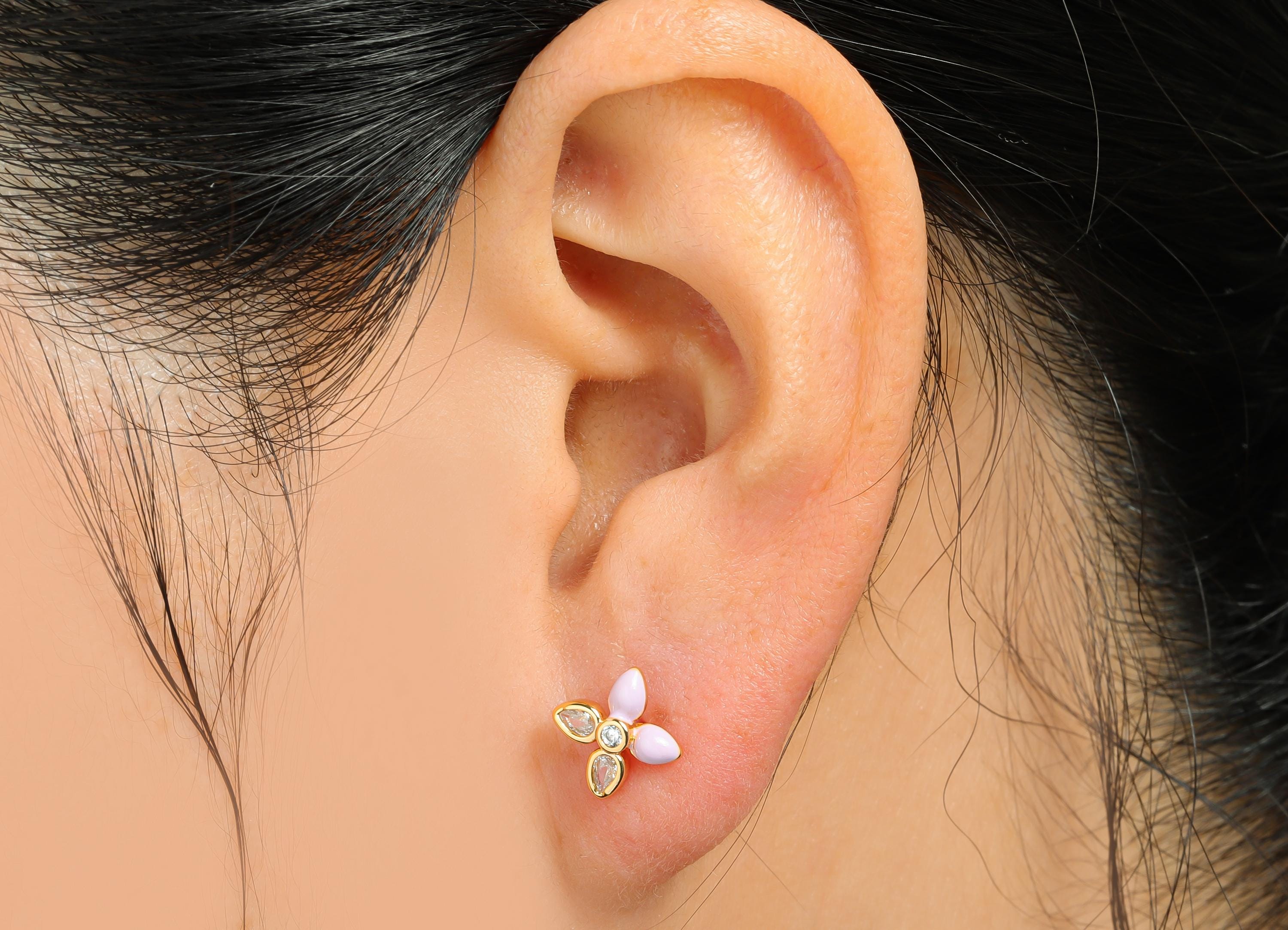 CZ Dainty Flower Stud - Brass Modern Enamel Earring Stud - Brass Crystal Everyday Wear Earring -18K Real Gold Plated - 9x7x2mm -RGP10392C - DOMEDBAZAAR