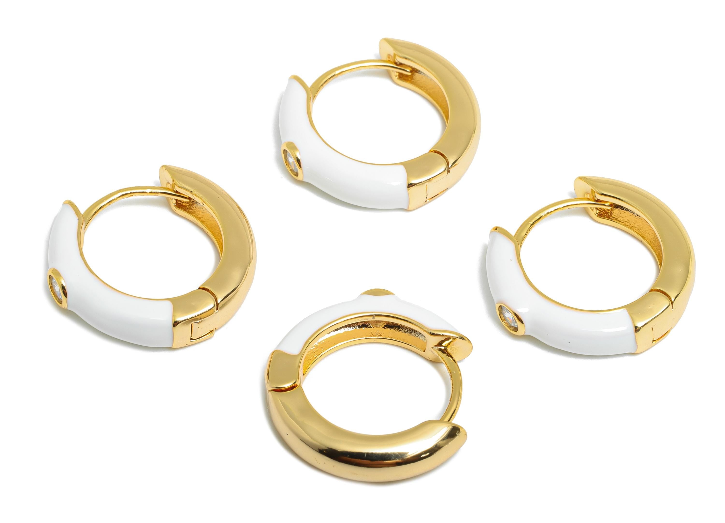 Gold Hoop Earring - Brass Vibrant White Enamel Hoop Clasp - Bright Gold Enamel Huggie Hoop - 18K Real Gold Plated - 19x18x4mm - RGP10378C - DOMEDBAZAAR