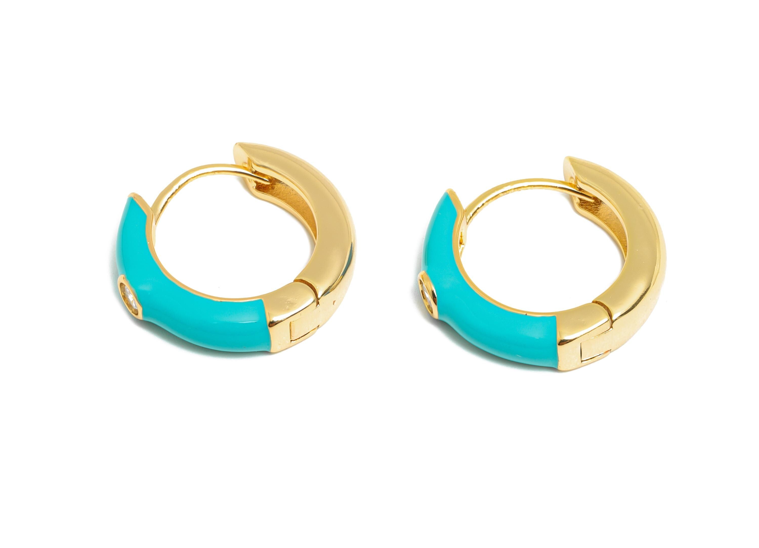 Gold Hoop Earring - Brass Vibrant Blue Enamel Hoop Clasp - Bright Gold Enamel Huggie Hoop - 18K Real Gold Plated - 19x18x4mm - RGP10378D - DOMEDBAZAAR
