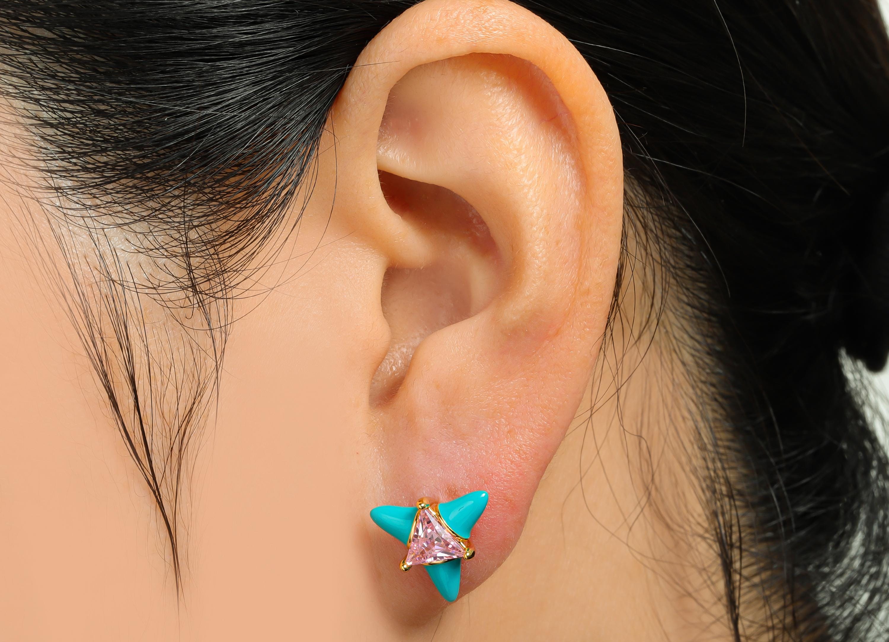 Chic Triangle Stud Earring - Brass Enamel Bold Geometric Earring - Vibrant Cubic Zircon Jewelry - 18k Real Gold Plated - 12x12x5mm-RGP10389A - DOMEDBAZAAR