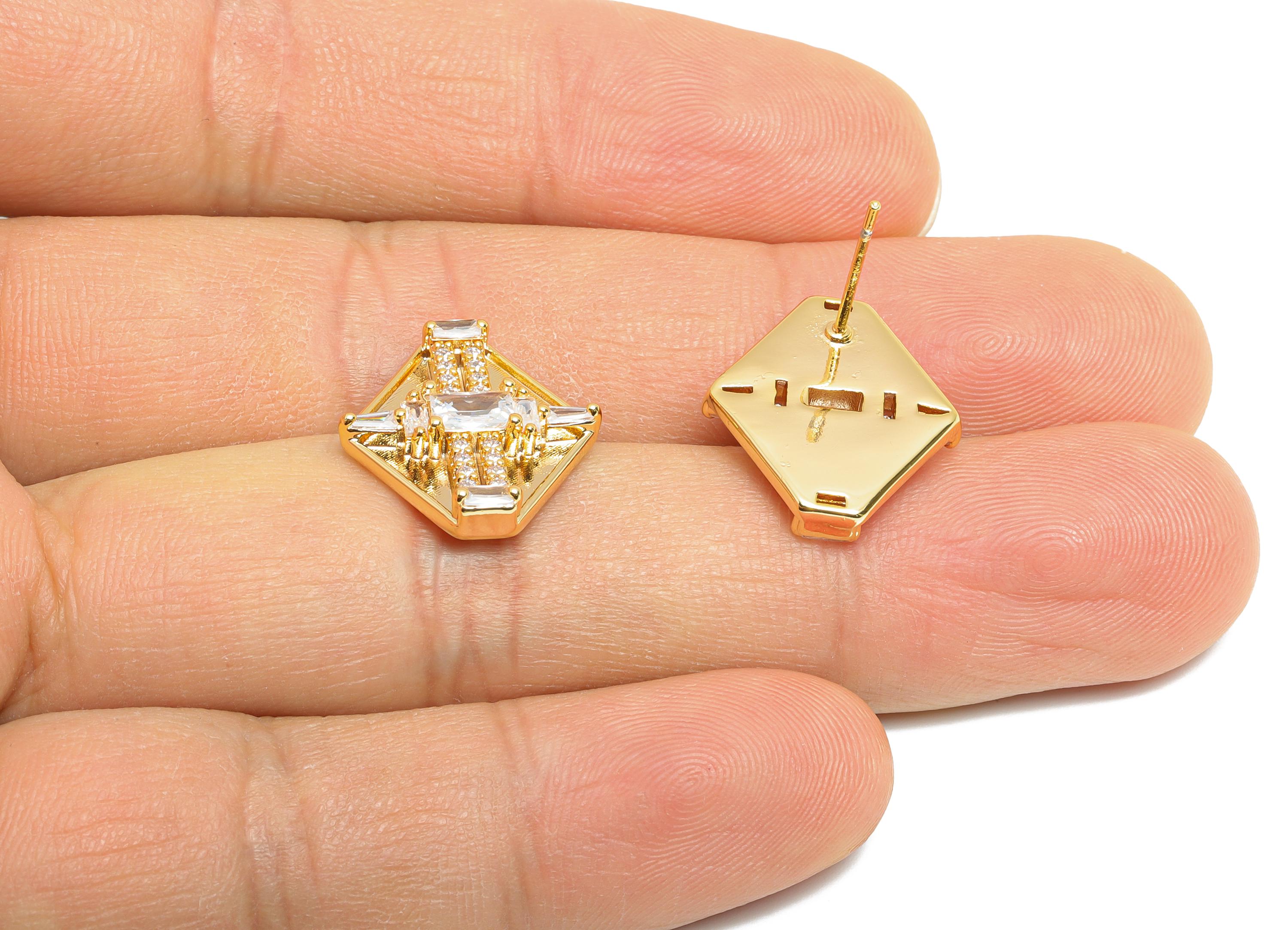 Hexagonal Geometric Earring - Brass Sophisticated Party Earring - Rectangular Baguette Cut Stone - 18K Real Gold Plated - 17x16x4mm-RGP10379 - DOMEDBAZAAR