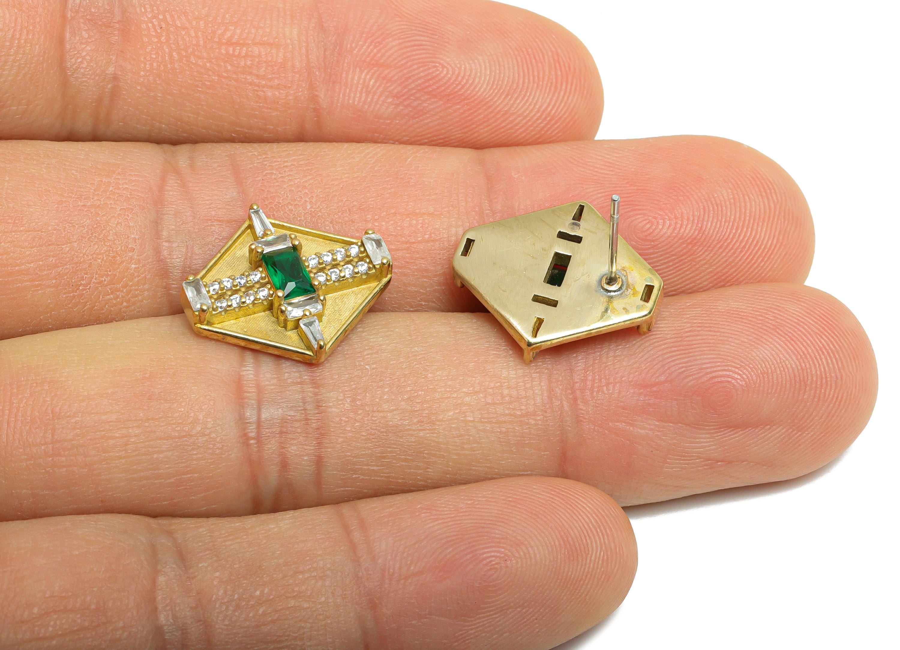 Hexagonal Green Spinel Earring - Raw Brass Sophisticated Party Earring - Minimalist Luxe Earrings - Modern Jewelry - 17.19x16x4mm - PP11041 - DOMEDBAZAAR