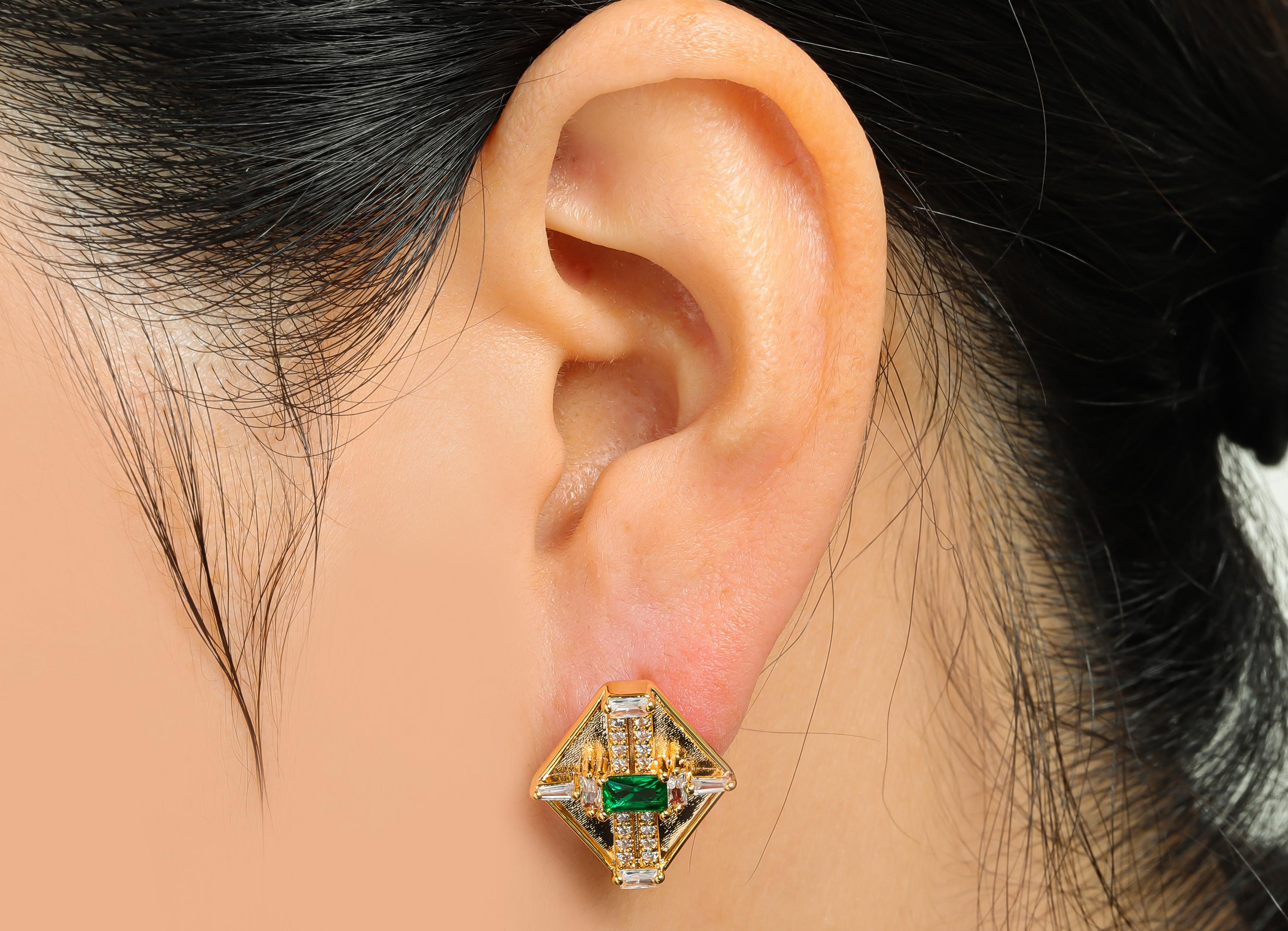 Hexagonal Green Spinel Earring - Brass Sophisticated Party Earring - Minimalist Luxe Earrings - 18K Real Gold Plated - 17x16x4mm - RGP10381 - DOMEDBAZAAR