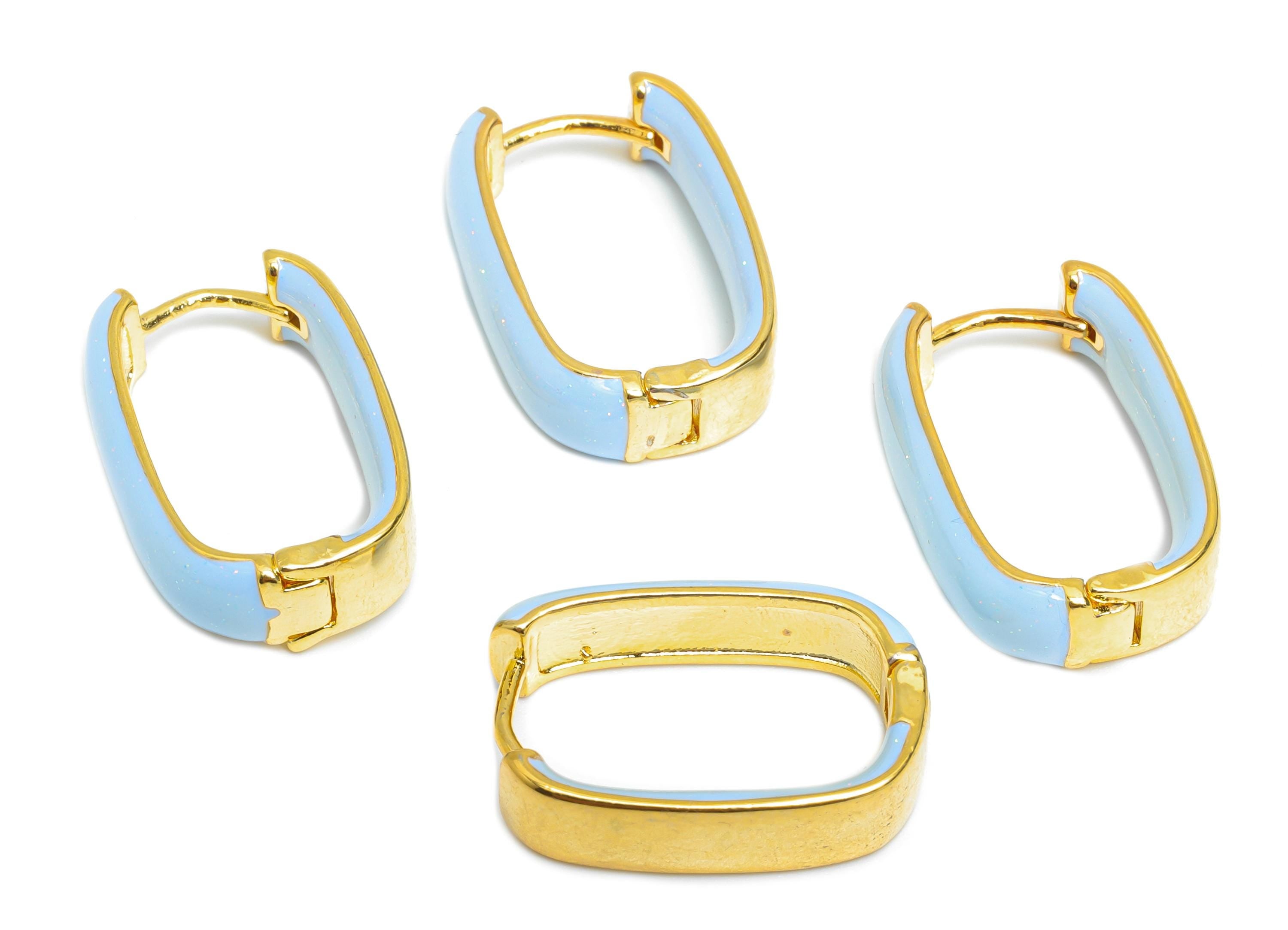 Brass U Shape Hoop Earring - Blue Enamel Chunky Earring - Minimalist Gold Oval Earring - 18K Real Gold Plated - 21.01x14.92x6.2mm -RGP9604B - DOMEDBAZAAR