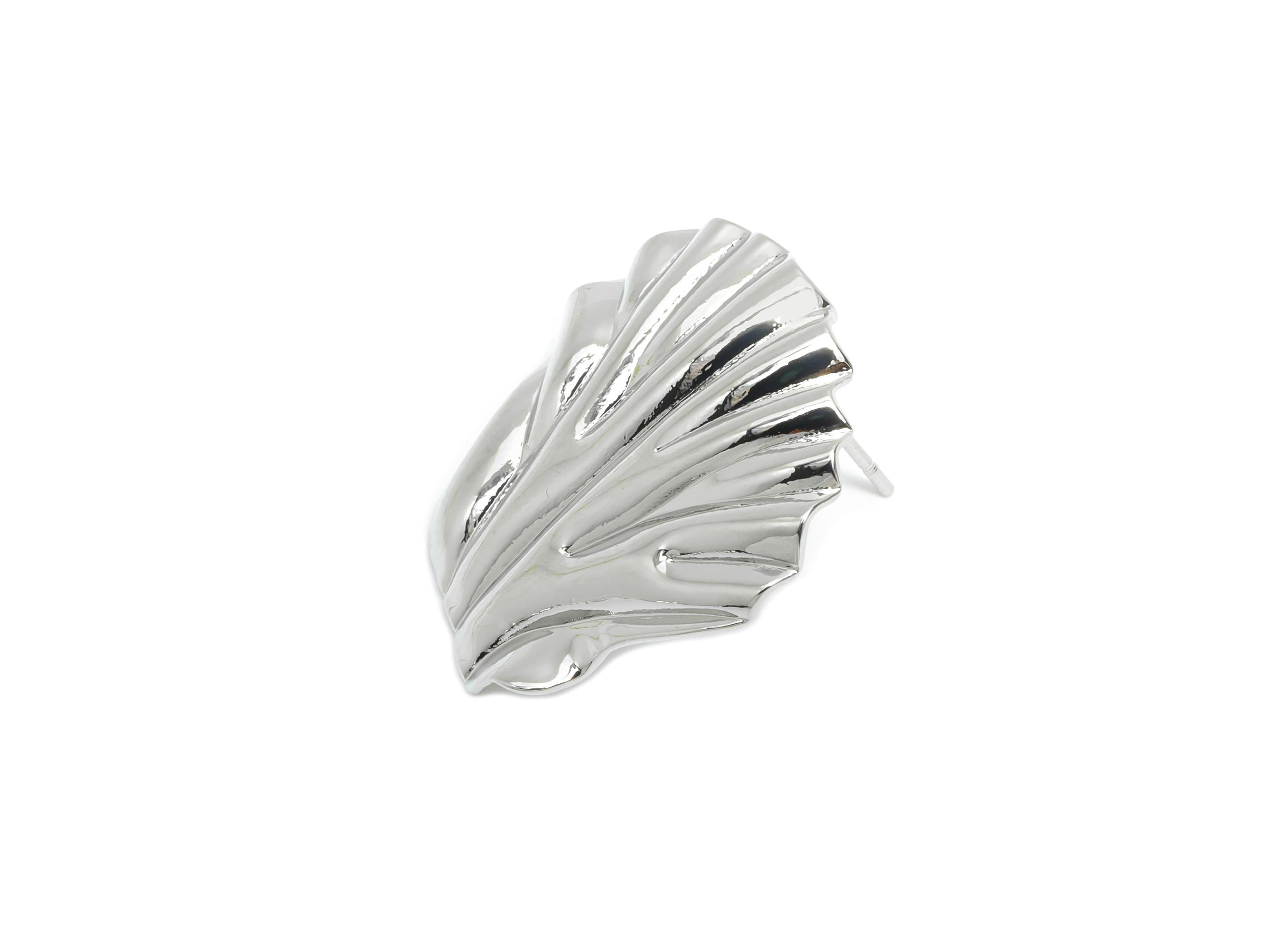 Brass Shell Earring Stud - Shiny Silver Earring Post - Textured Shell Earring with Loop - 18K Real White Gold Plated - 22.8x22x3mm- RGP9558 - DOMEDBAZAAR