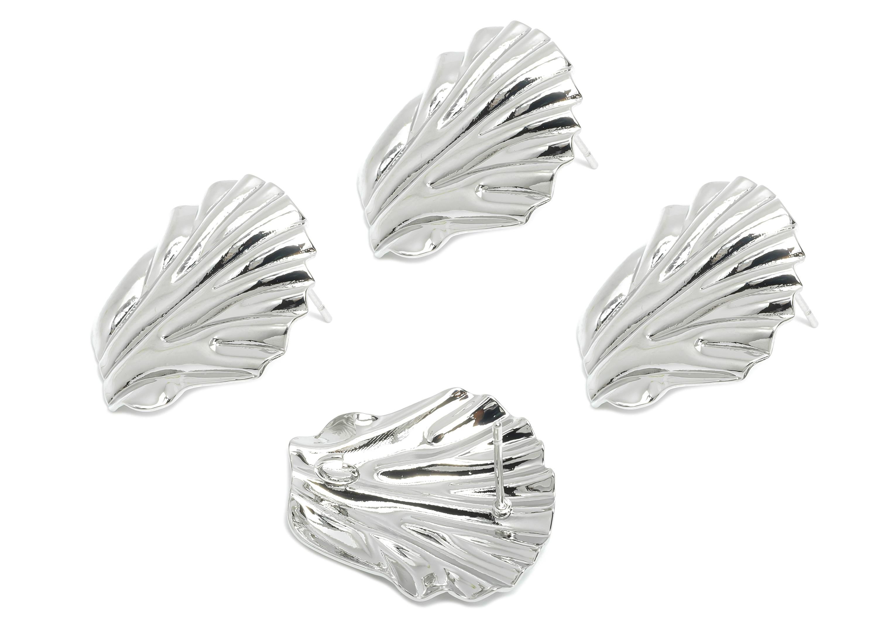 Brass Shell Earring Stud - Shiny Silver Earring Post - Textured Shell Earring with Loop - 18K Real White Gold Plated - 22.8x22x3mm- RGP9558 - DOMEDBAZAAR