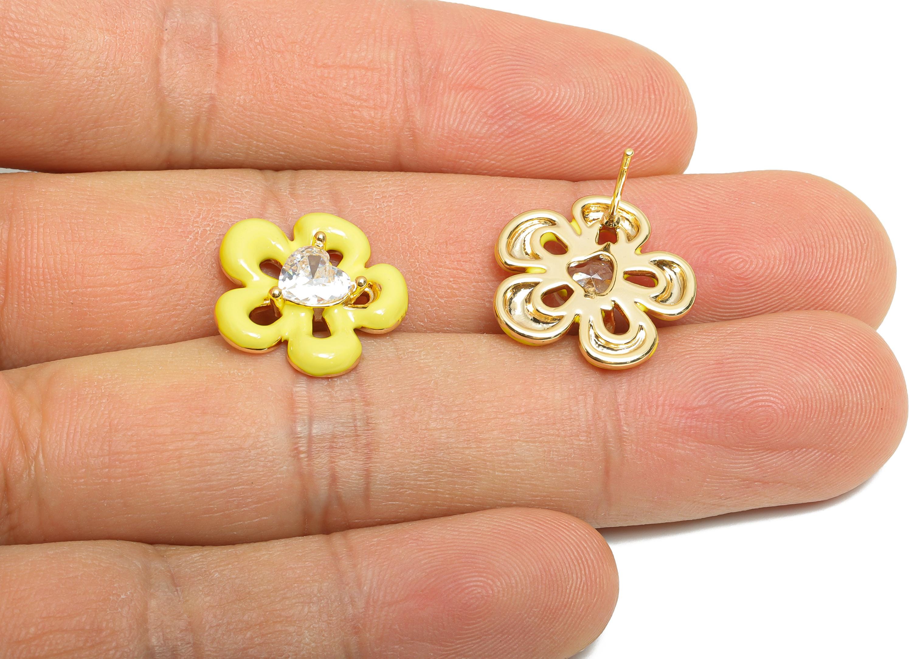 Yellow Enamel Flower Earring - Brass Cubic Zircon Colorful Earring - Bold Spring Summer Charm - 18K Real Gold Plating - 17x16x4mm-RGP10377A - DOMEDBAZAAR