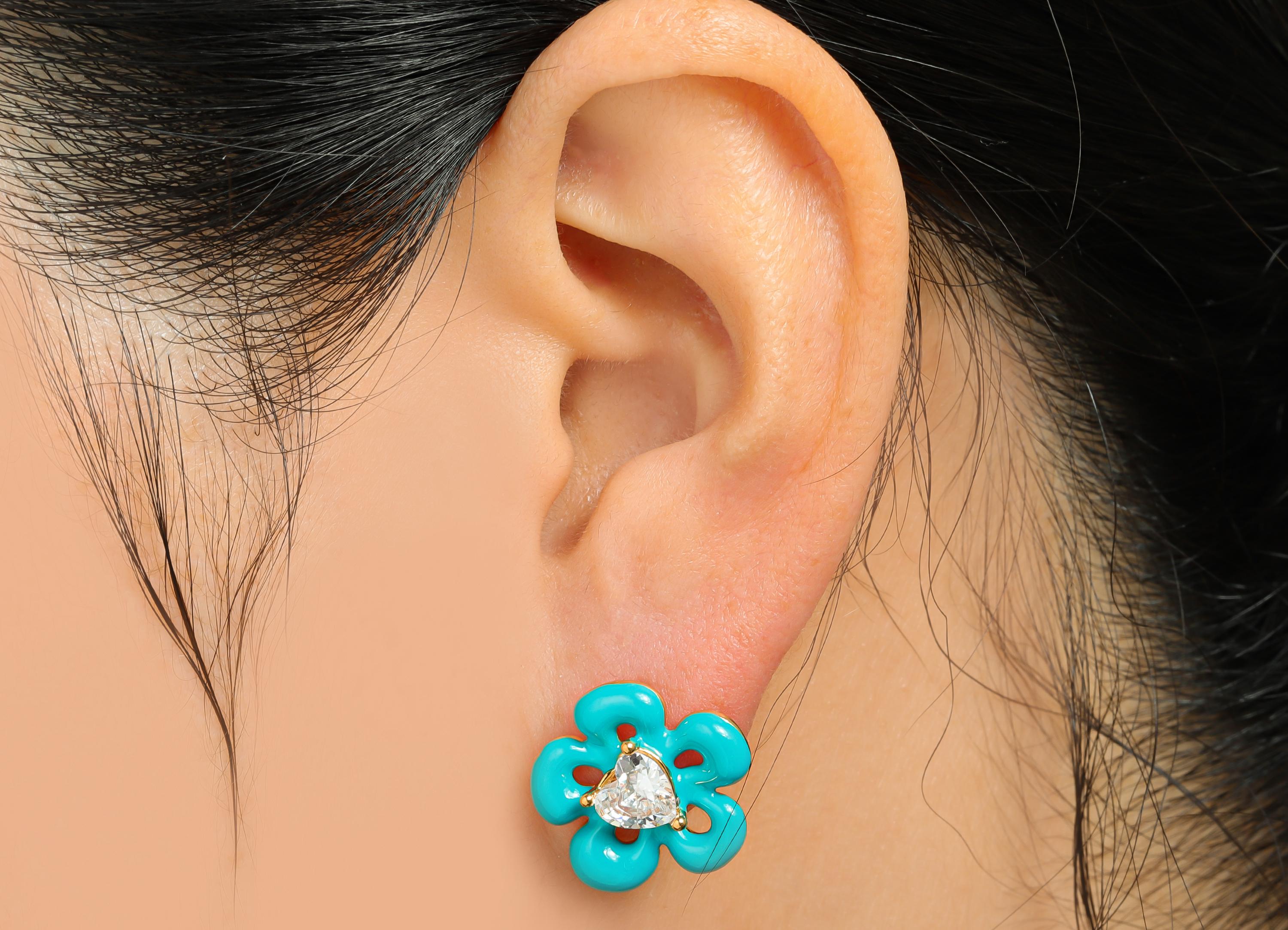 Heart Enamel Flower Earring - Brass Cubic Zircon Colorful Earring - Bold Spring Summer Charm - 18K Real Gold Plating - 17x16x4mm -RGP10377C - DOMEDBAZAAR