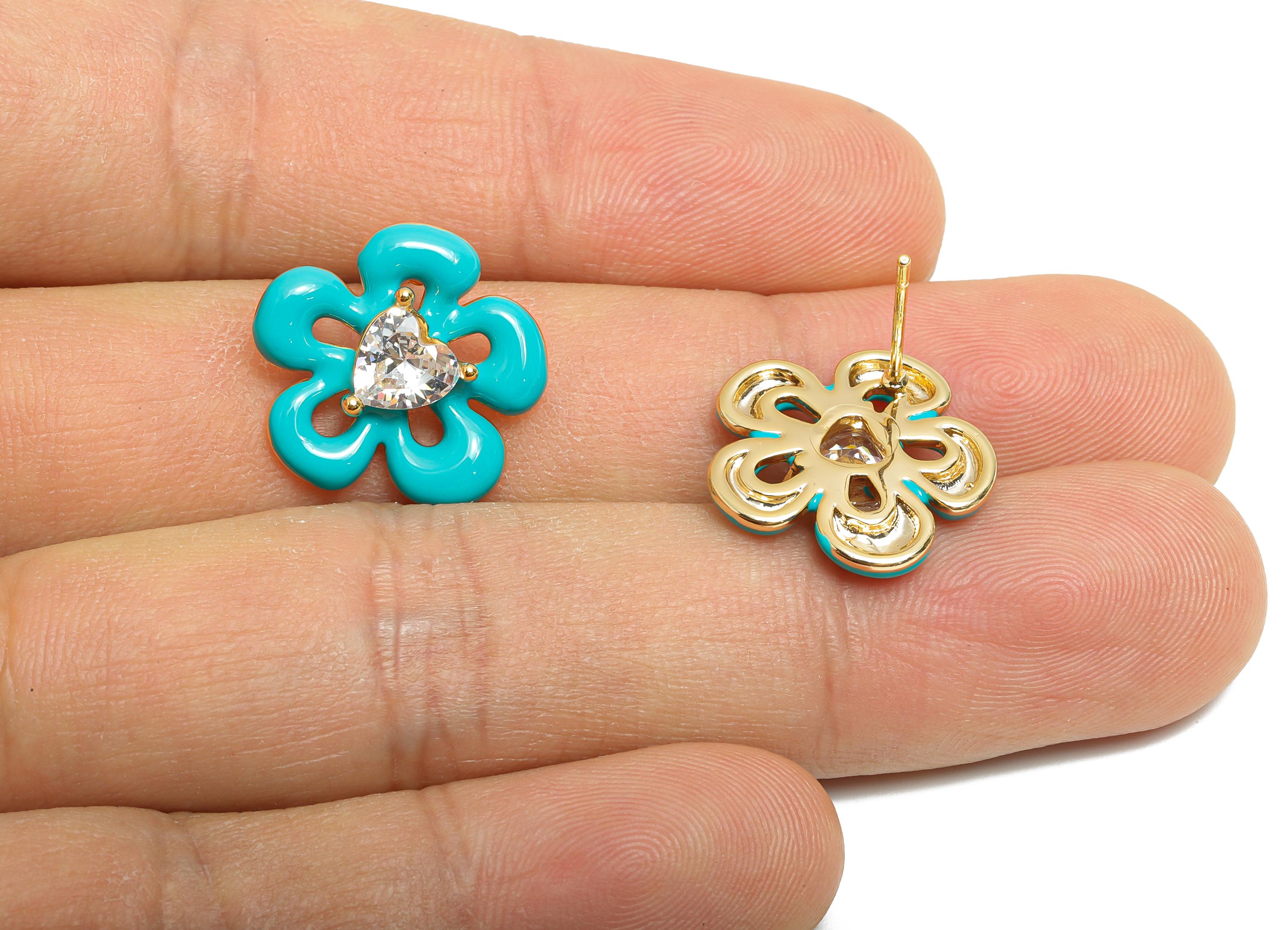 Heart Enamel Flower Earring - Brass Cubic Zircon Colorful Earring - Bold Spring Summer Charm - 18K Real Gold Plating - 17x16x4mm -RGP10377C - DOMEDBAZAAR