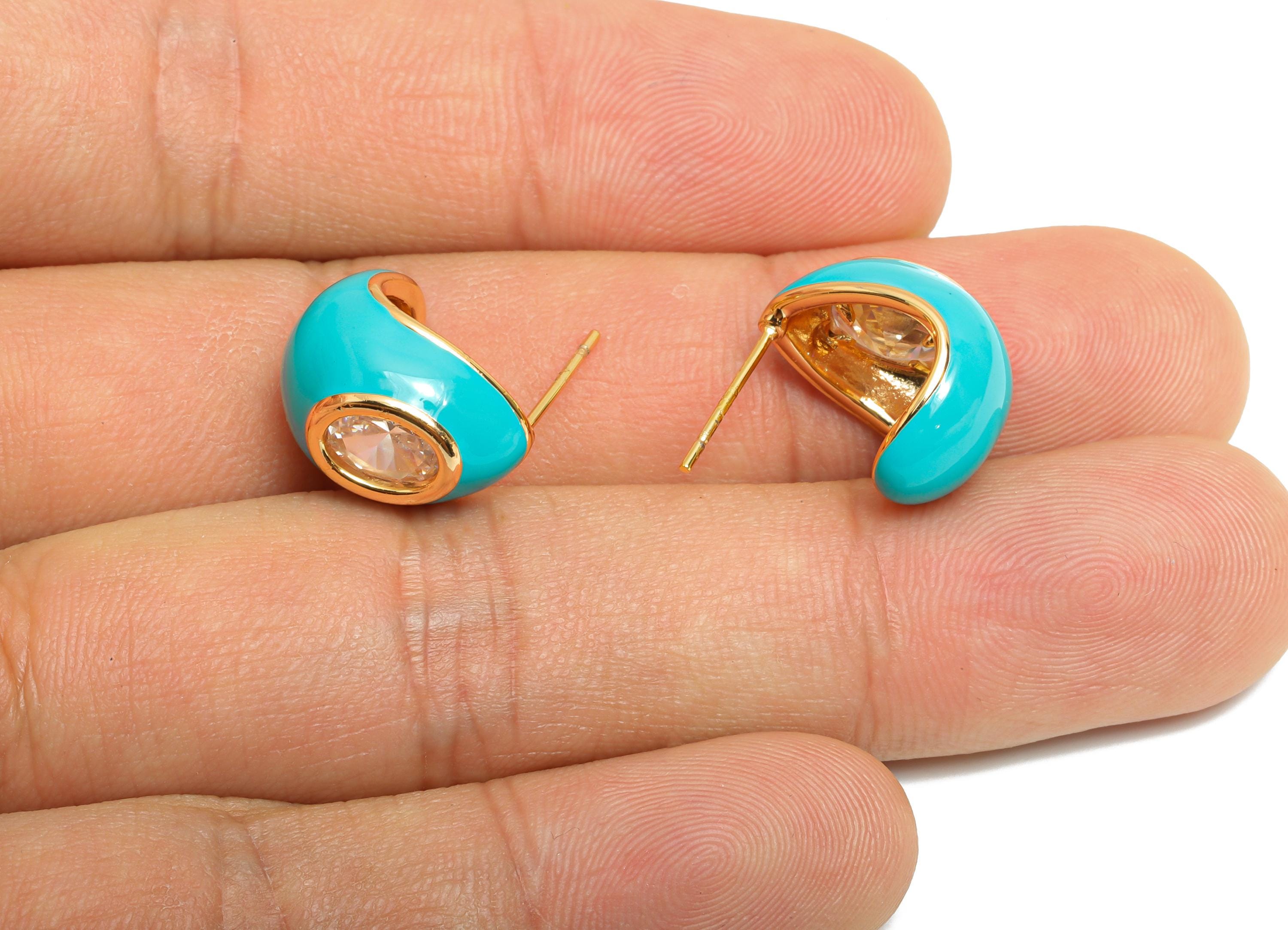 Brass Enamel Hoop Earring - Brass CZ Bold Enamel Chic Colorful Stud - Geometric Enamel Jewelry - 18K Real Gold Plated - 15x12x10mm-RGP10387A - DOMEDBAZAAR