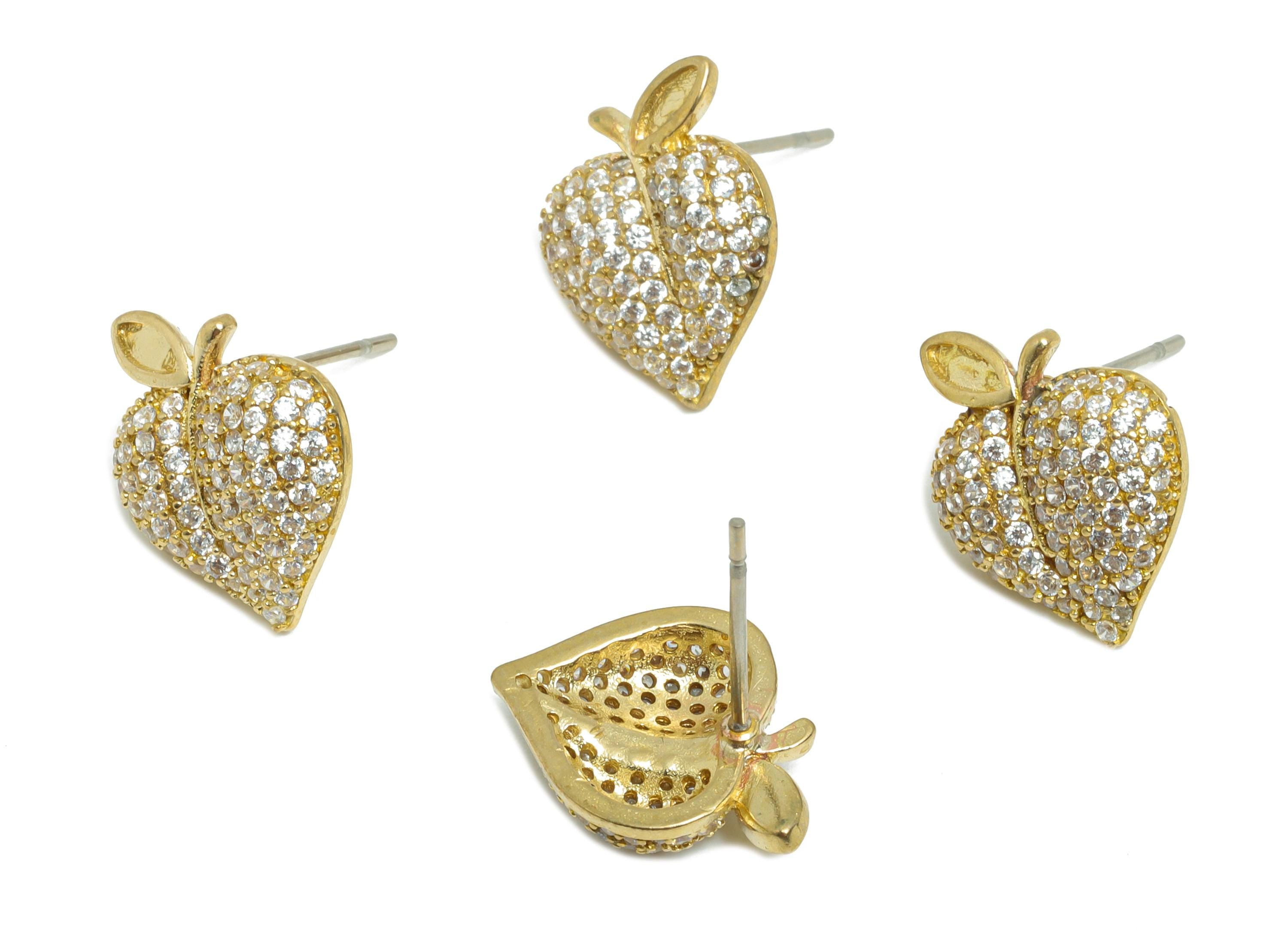 Sparkling Crystal Earring - Raw Brass Peach Stud Earring - Jewelry with Cubic Zirconia - Fruit-Inspired Jewelry - 13x11x3.8mm - PP11042 - DOMEDBAZAAR