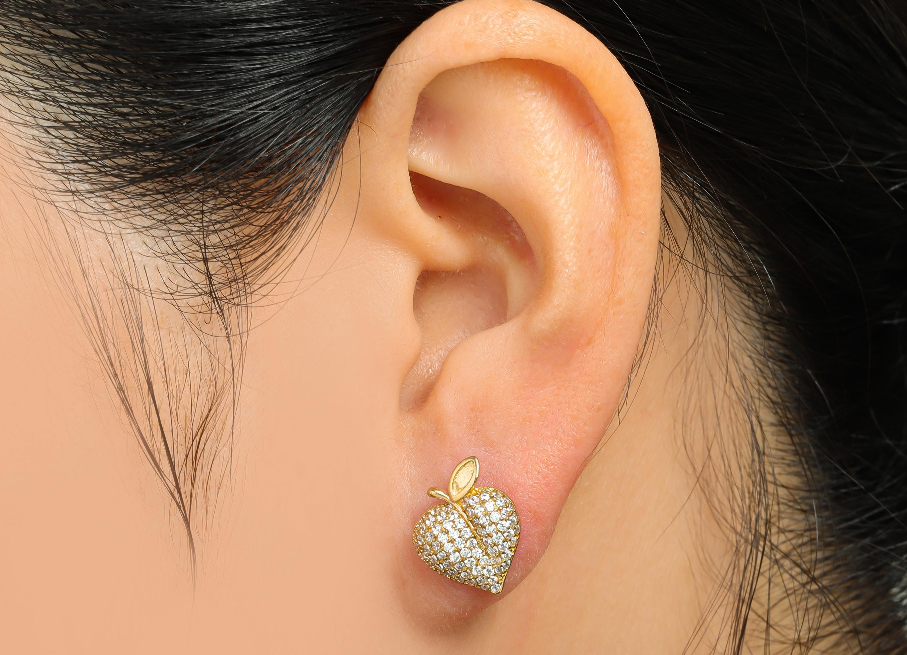 Sparkling Crystal Earring - Raw Brass Peach Stud Earring - Jewelry with Cubic Zirconia - Fruit-Inspired Jewelry - 13x11x3.8mm - PP11042 - DOMEDBAZAAR